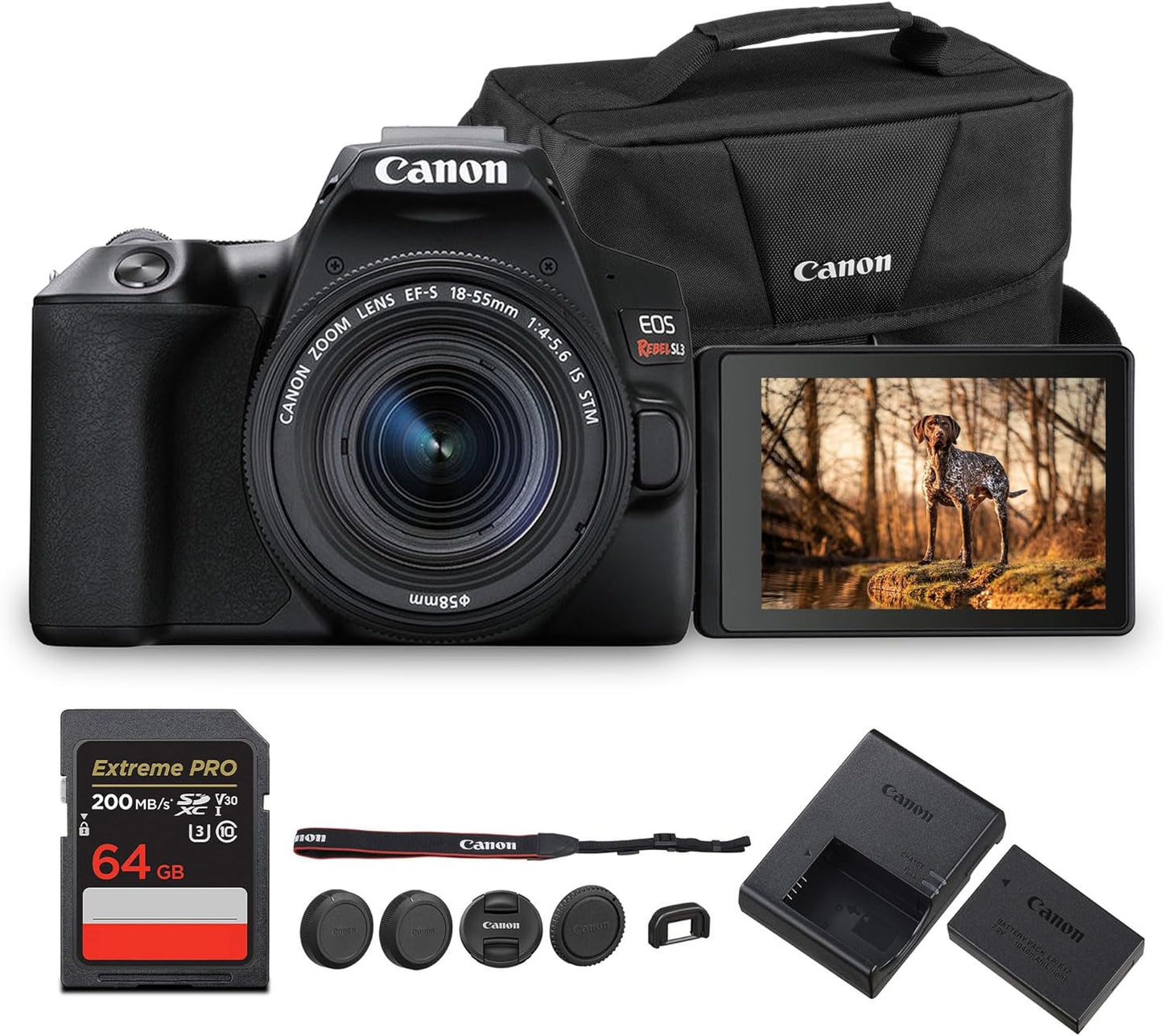 Canon EOS Rebel SL3 DSLR Camera with 18-55mm Lens (Black) | 24.1MP APS-C Sensor, Dual Pixel AF & 4K Video | Great for Beginners & Everyday Photography (3453C002) + 64GB Card Bag