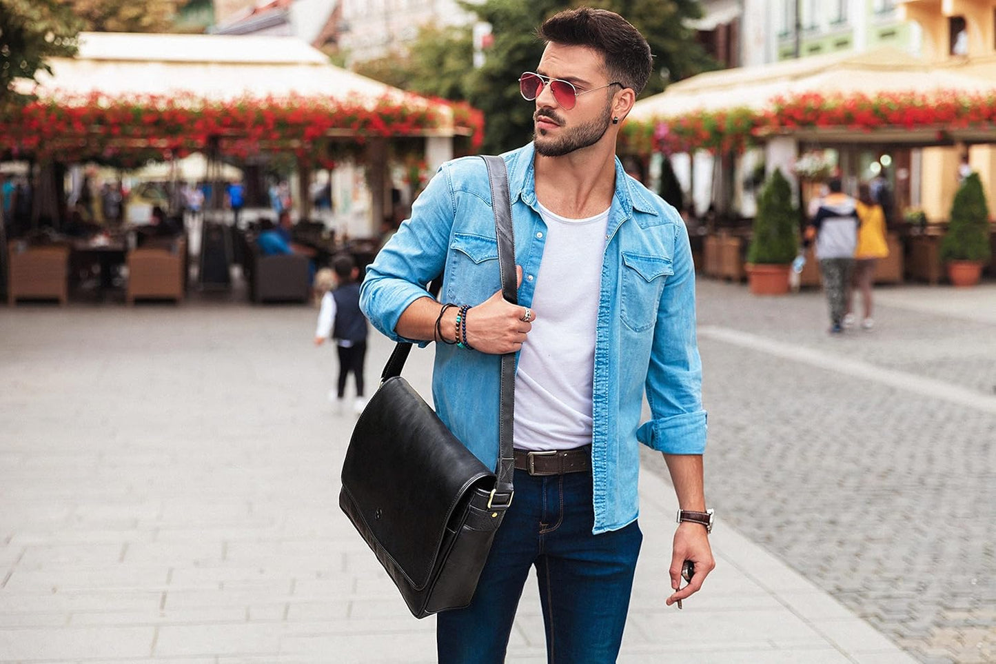 16" Crossbody Bag Leather Laptop Messenger Bag For Men with trolley sleeve for school office (Hickory)