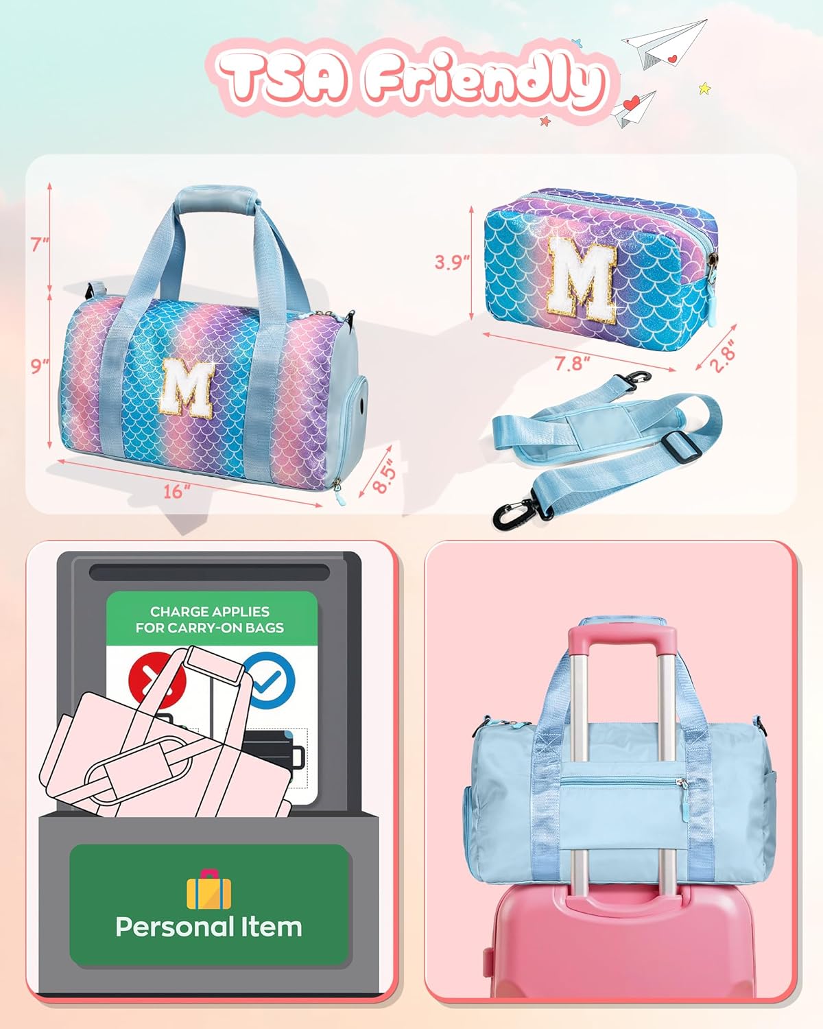 Sister Graduation Gift-Girl Gym Bag with Shoe Compartment, Kid Personalized Weekender Overnight Bags, Initial Travel Tote with Makeup Pouch Valentine's Day Gifts for Kids (Letter I)