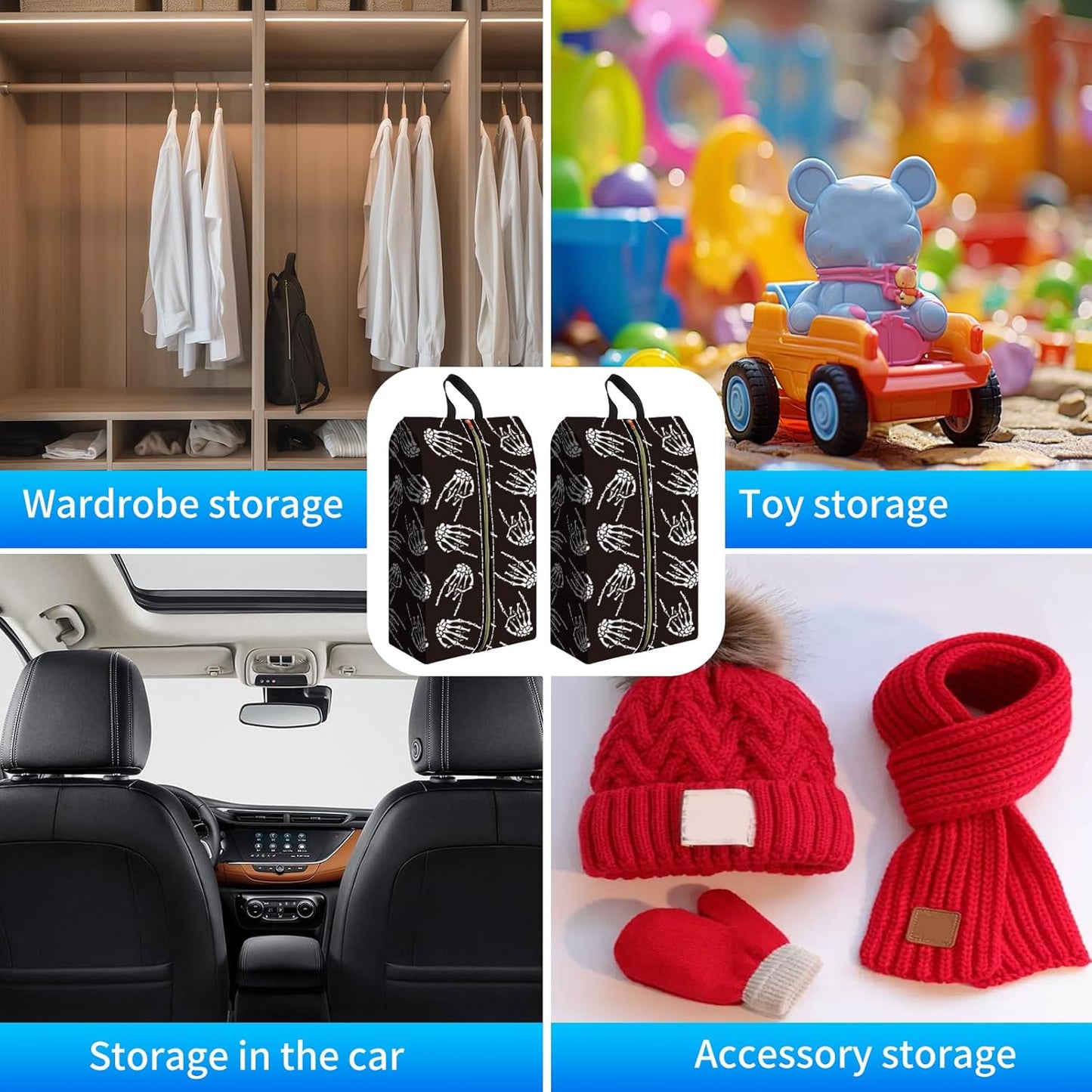 2pcs Shoe Organizer for Travel, Packing Shoe Travel Bags, Cute Shoe Bag with Zipper & Handle, Portable Travel Essentials for Women and Men Skull Finger