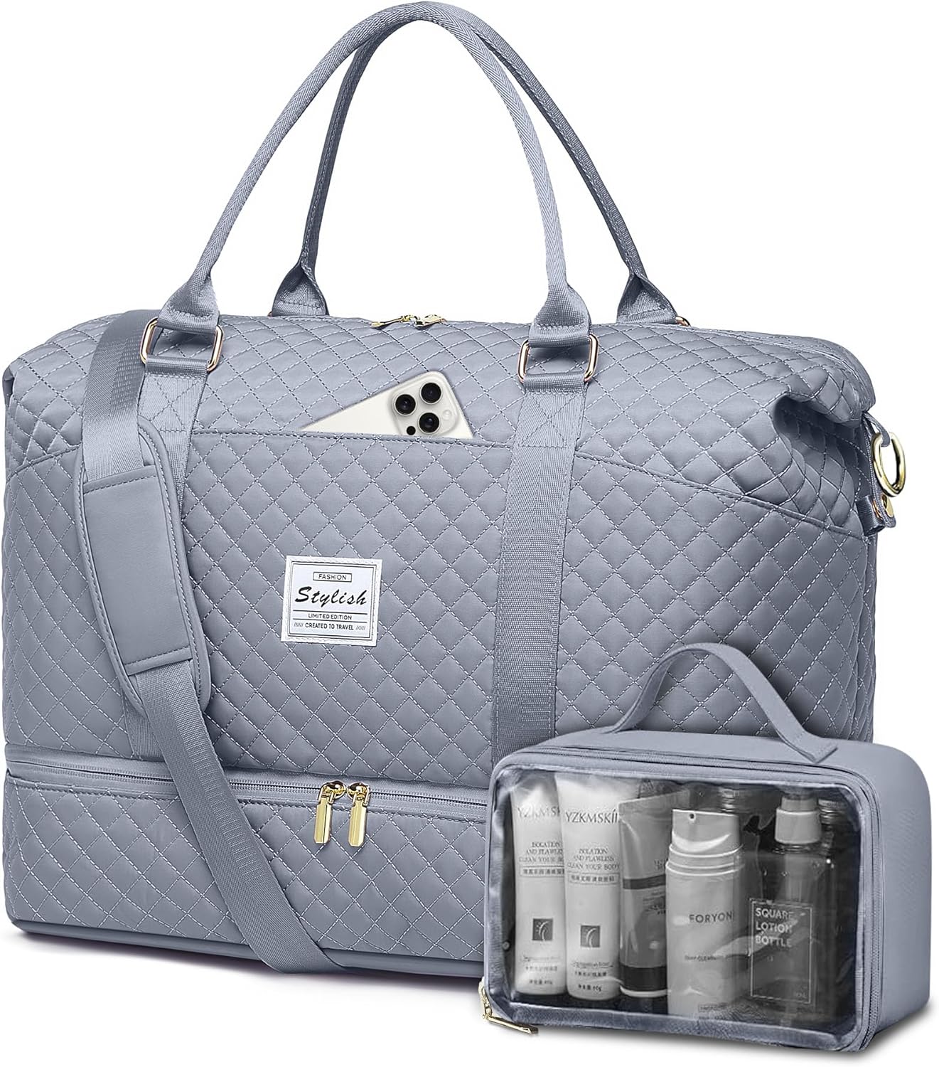 Travel Overnight Bag Weekender Bags- Duffle Bags Women with Shoe Compartment Carry on Overnight Bag with Toiletry Gym Duffel with Wet Pocket Hospital Bags Grey