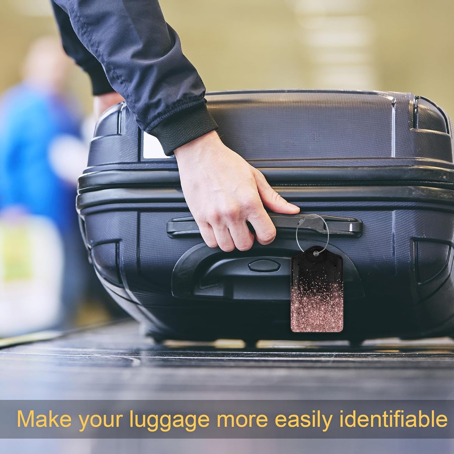 Leather Luggage Tags for Adults Teens,2 Pack Rose Gold Glitter Travel Bag Suitcase Labels with Stainless Steel Loop ID Tags Card Baggage Bag Label