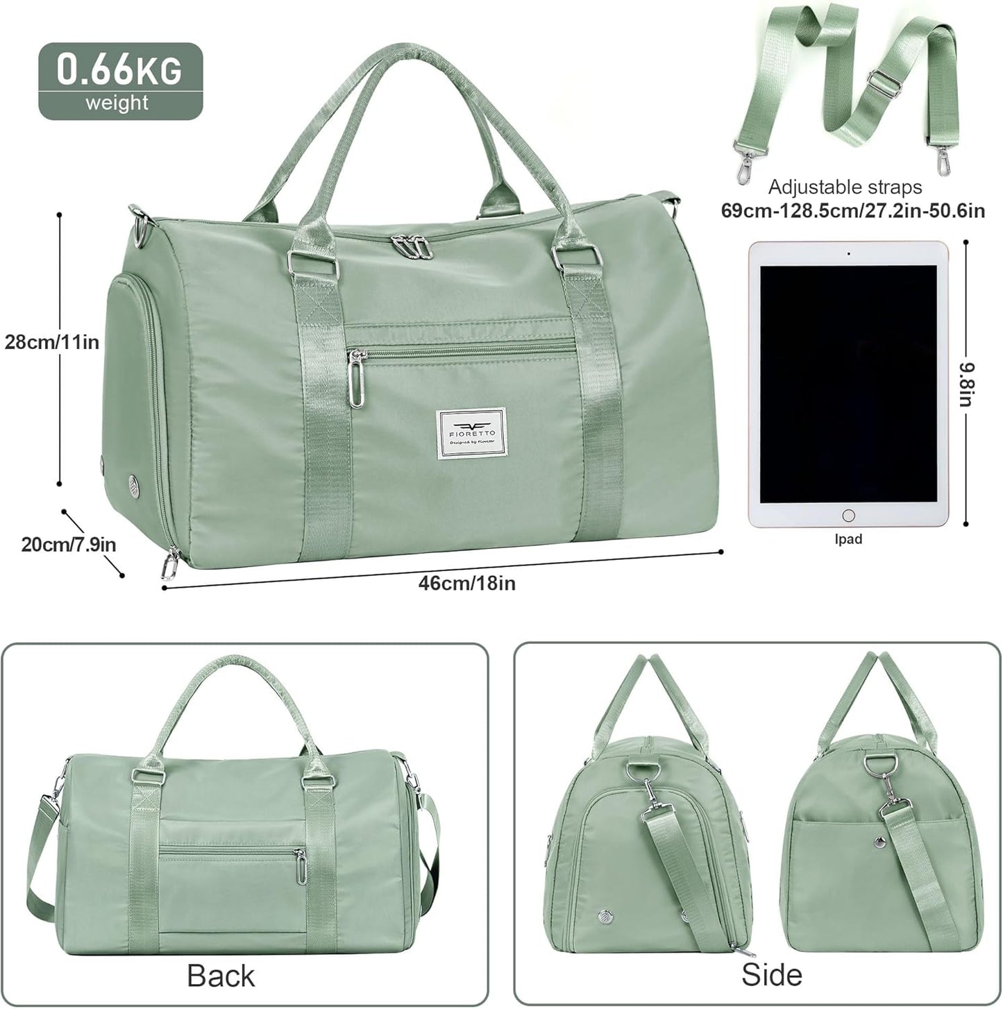 FIORETTO Womens Gym Tote Duffle Bag with Wet Pocket & Shoe Compartment, Sports Duffel Overnight Weekender Hospital Workout Carry on Bag for Girls, Ideal for Travel, Swimming, Dance, Ballet Celadon