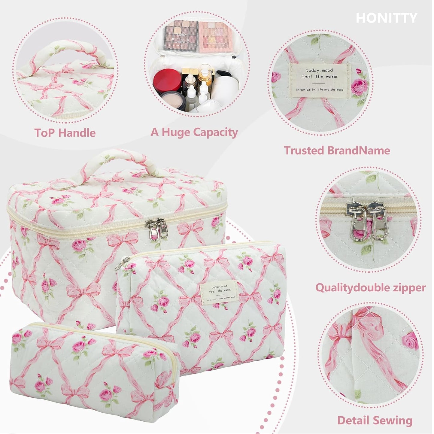 Makeup Bag,Quilted Cosmetic Bag,Large Floral Make Up Bag for Women,Cotton Makeup Bag Set,Flower Travel Toiletry Bag