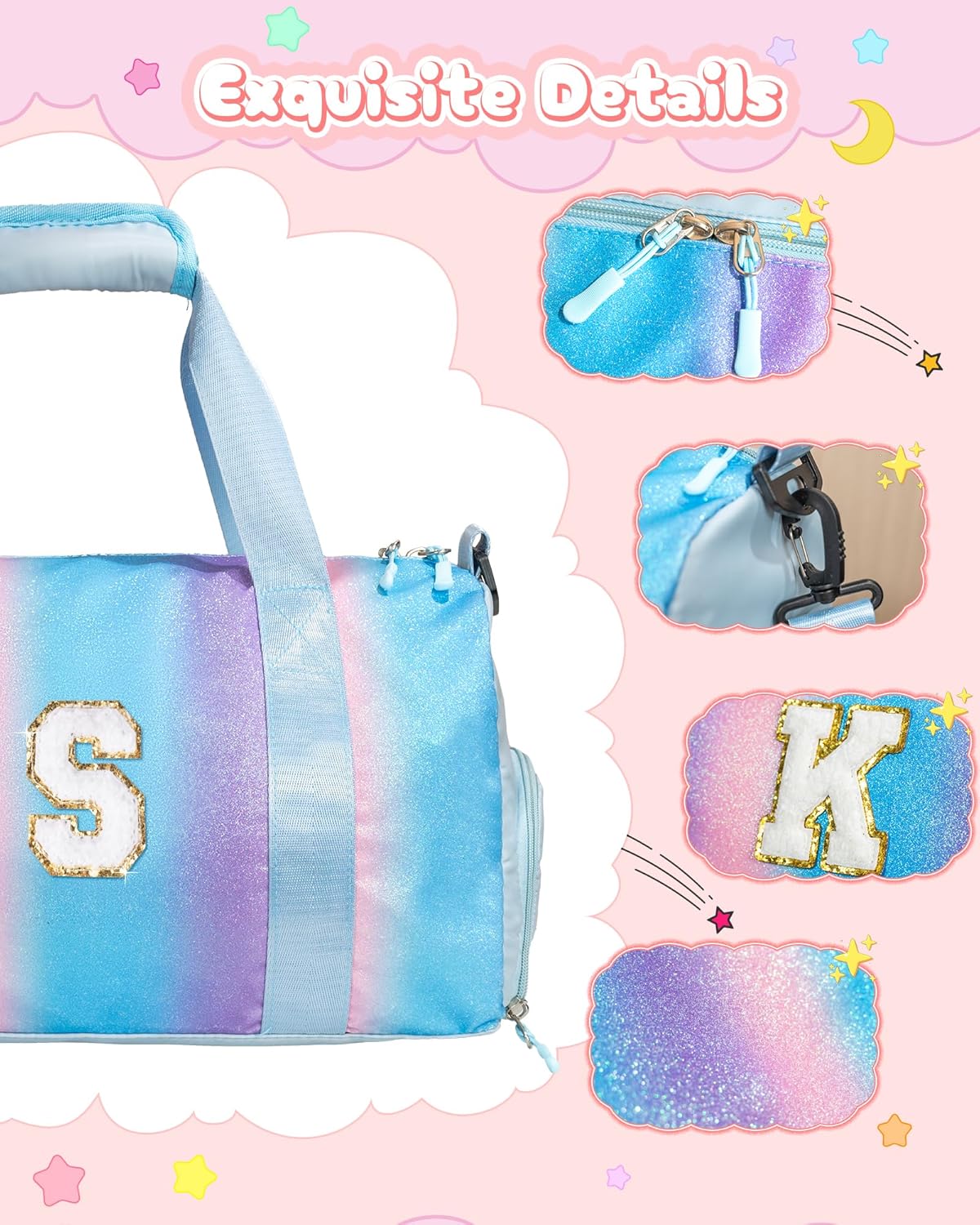 Christmas Gifts for Girls-Girl Gym Bag with Shoe Compartment, Kid Personalized Weekender Overnight Bags, Initial Travel Tote with Makeup Pouch, Gift for 3 4 5 6 7 Year Old Kids (Letter T)