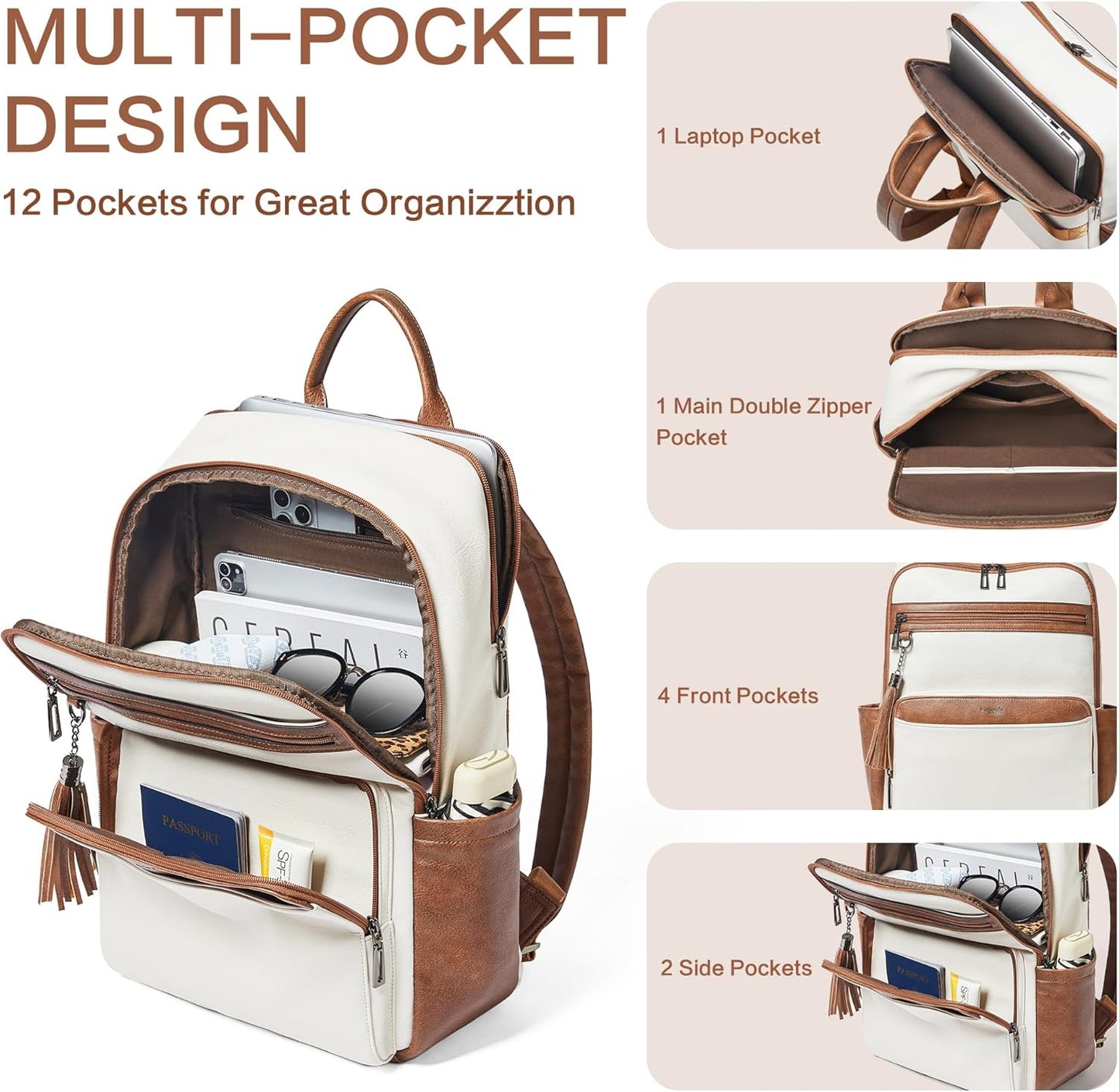 Leather Laptop Backpack for Women,Leather Backpack with Laptop Compartment Fit 15.6 inch Laptops,Carry-on Travel Backpacks,Casual Daypack for Work Business Weekender College,Beige