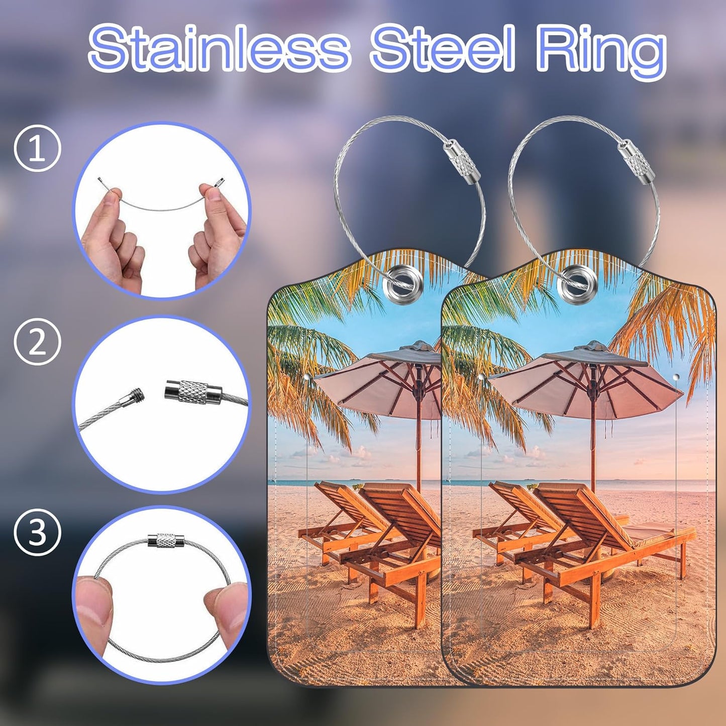 Luggage Tags for Suitcase Chairs Umbrella in Palm Beach 2 PCS Leather Travel Luggage Tag with Stainless Steel Loop Name ID Label Privacy Cover for Women Men Travel