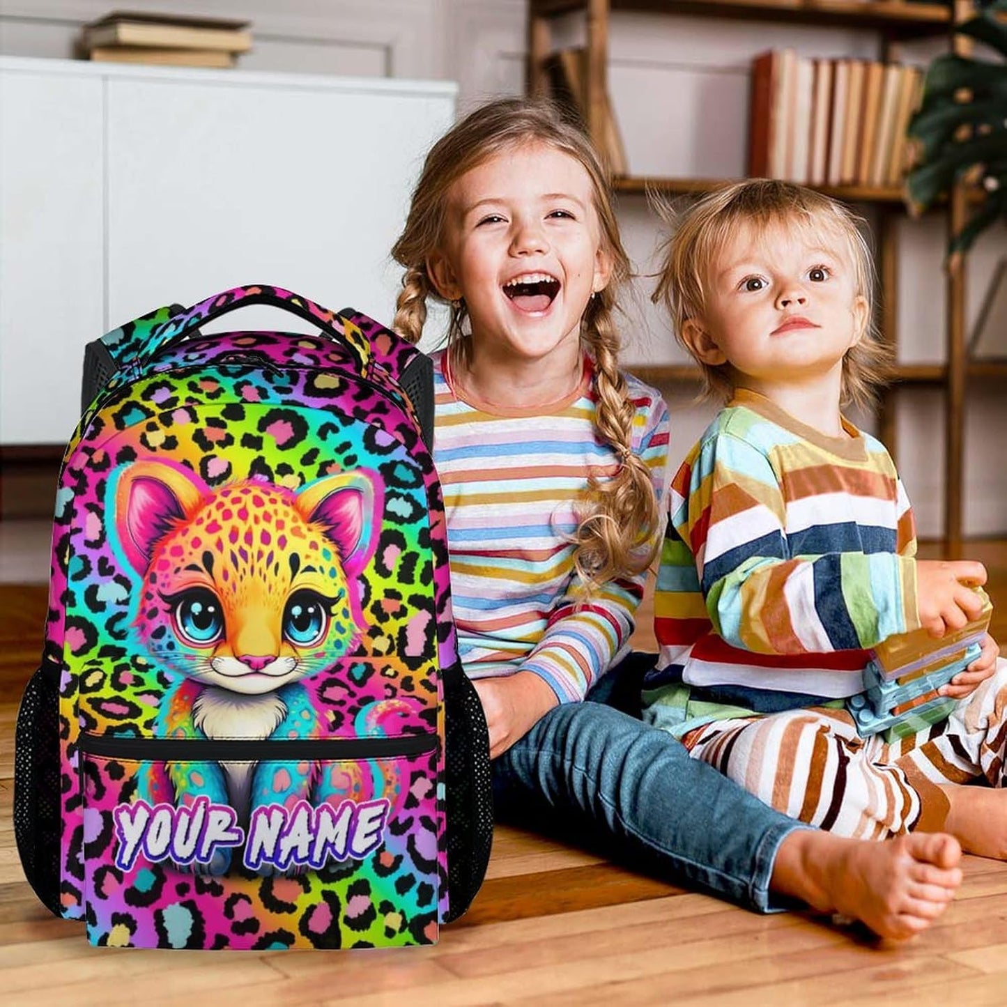 Custom School Backpack for Girls - 17 Inch Kids Cheetah Backpacks Ages 6-8 - Cute Rainbow Leopard Print School Bag for Kindergarten