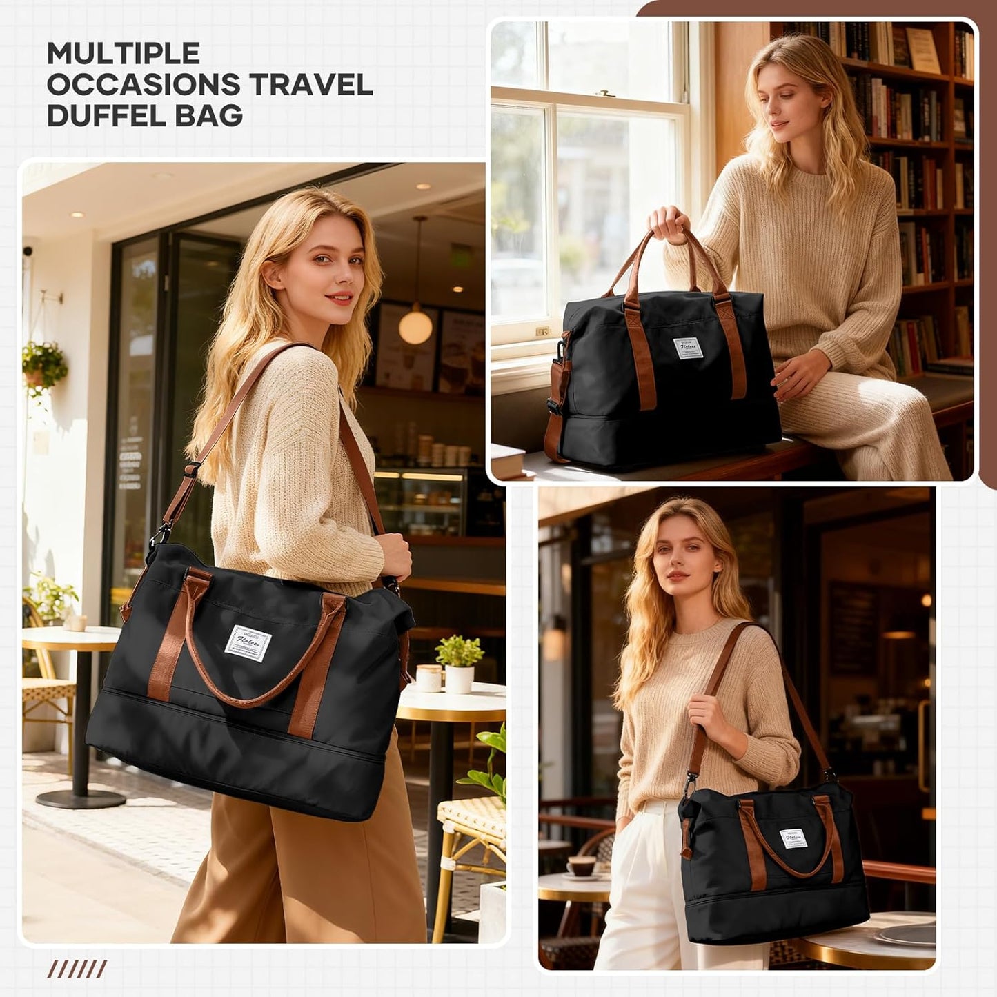 Travel Duffel Bag, Sports Tote Gym Bag, Shoulder Weekender Overnight Bag for Women