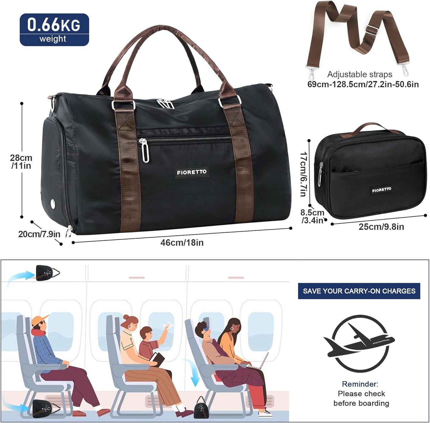 FIORETTO Womens Gym Tote Duffle Bag with Toiletry Bag, Sports Duffel Overnight Hospital Workout Carry on Bag for Girls with Wet Pocket & Shoe Compartment, Ideal for Travel, Swimming, Black & Brown