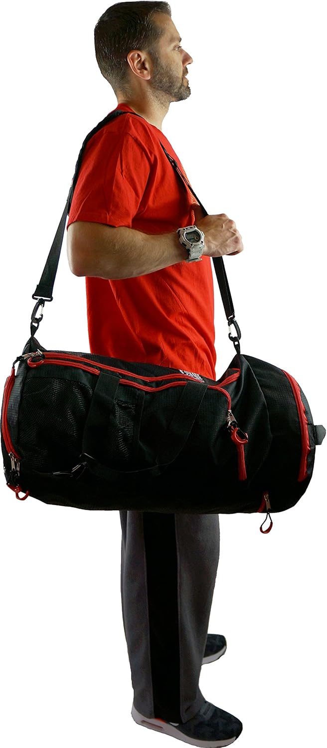 Grip Power Pads Best Travel Foldable Sports Duffel Bag Luggage Water Resistant Wet/Dry Nylon Gym Handbag Lightweight Backpack Gym Tote (Red, 24” by 14”)