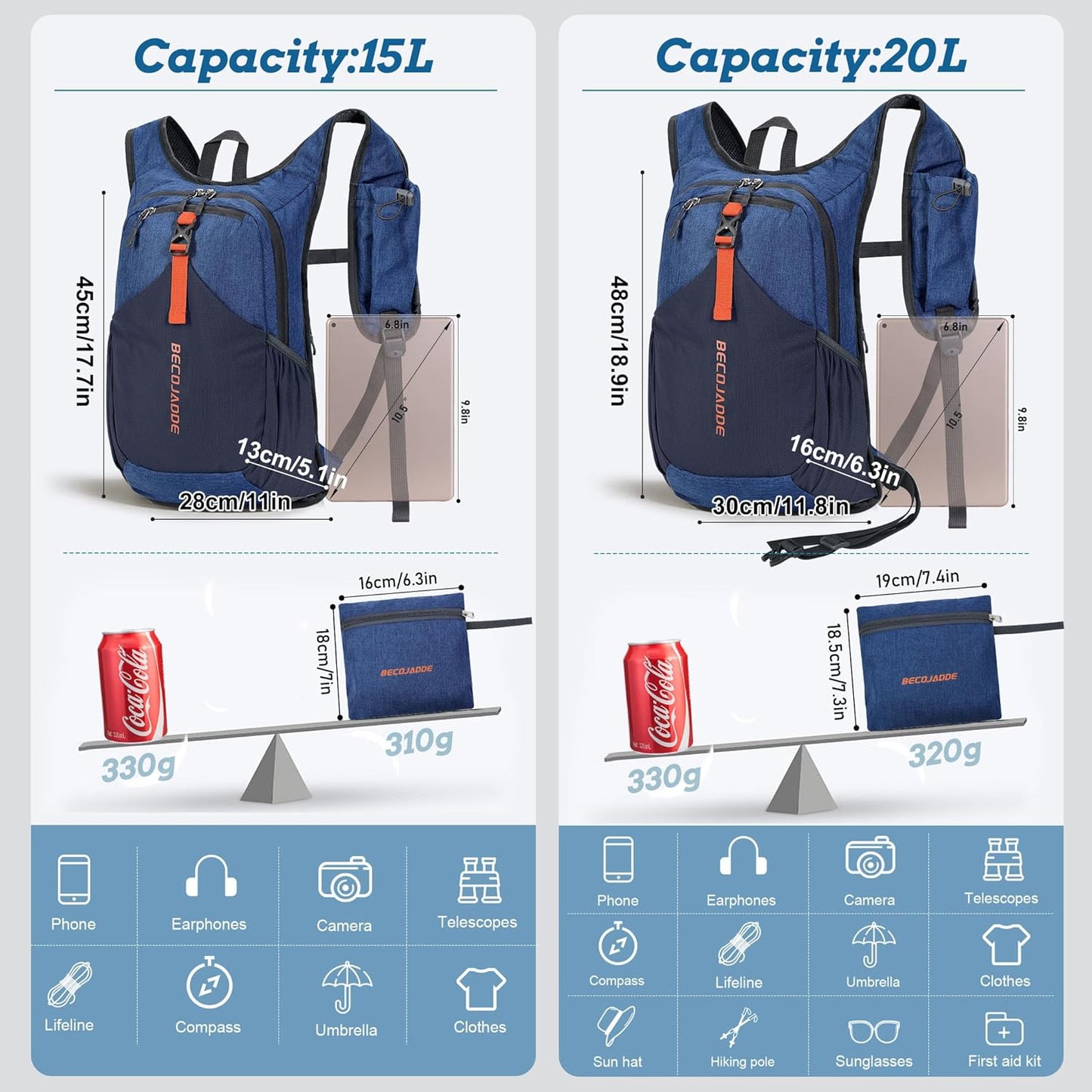 15L Small Hiking Backpack for Men Women Foldable Packable Back Pack Ultralight Hiking Daypack for Travel Camping Outdoor, Navy Blue