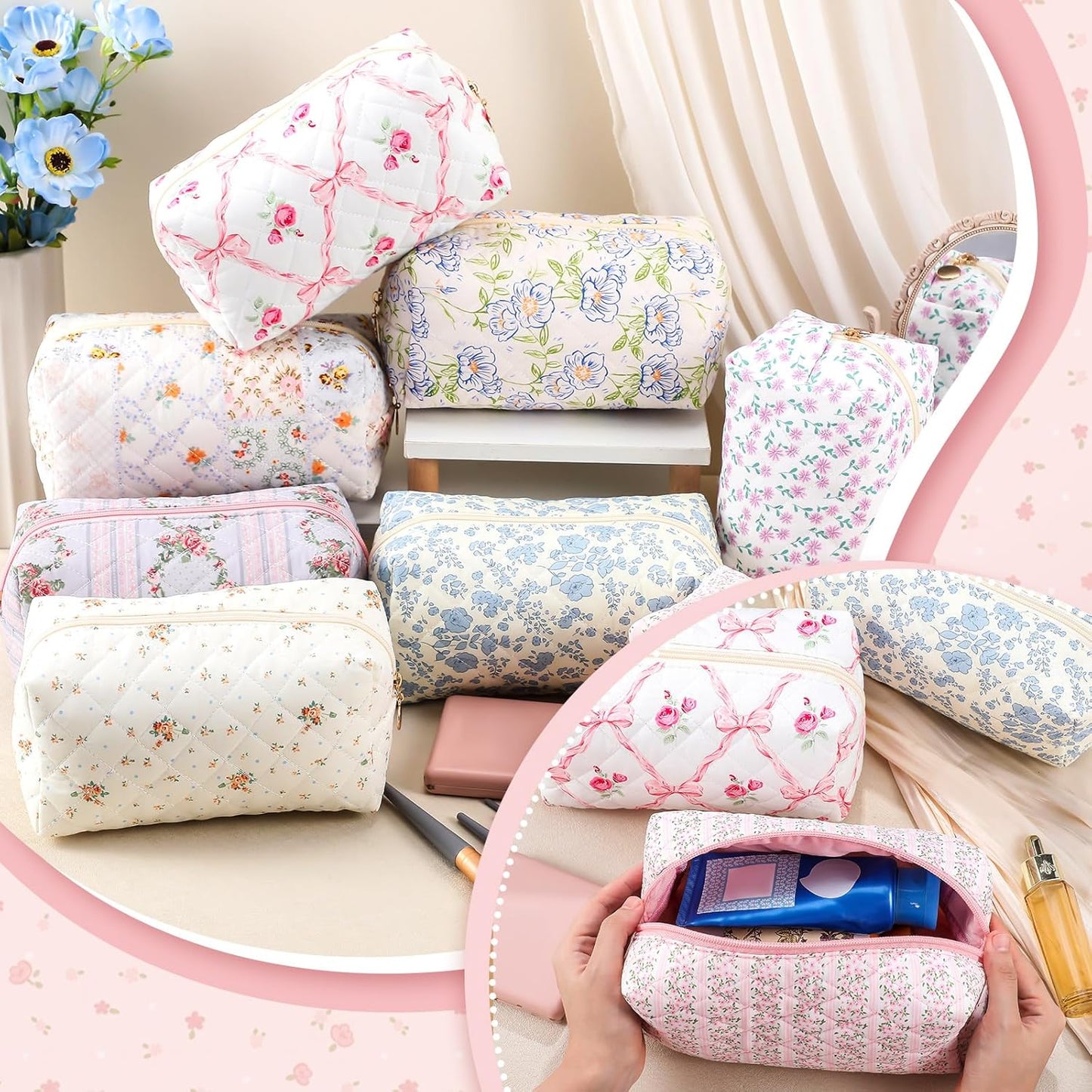 12 Packs Quilted Makeup Bag Flower Theme Toiletry Cosmetic Bag Aesthetic Makeup Pouch Floral Emergency Kit Pouch for Traveling