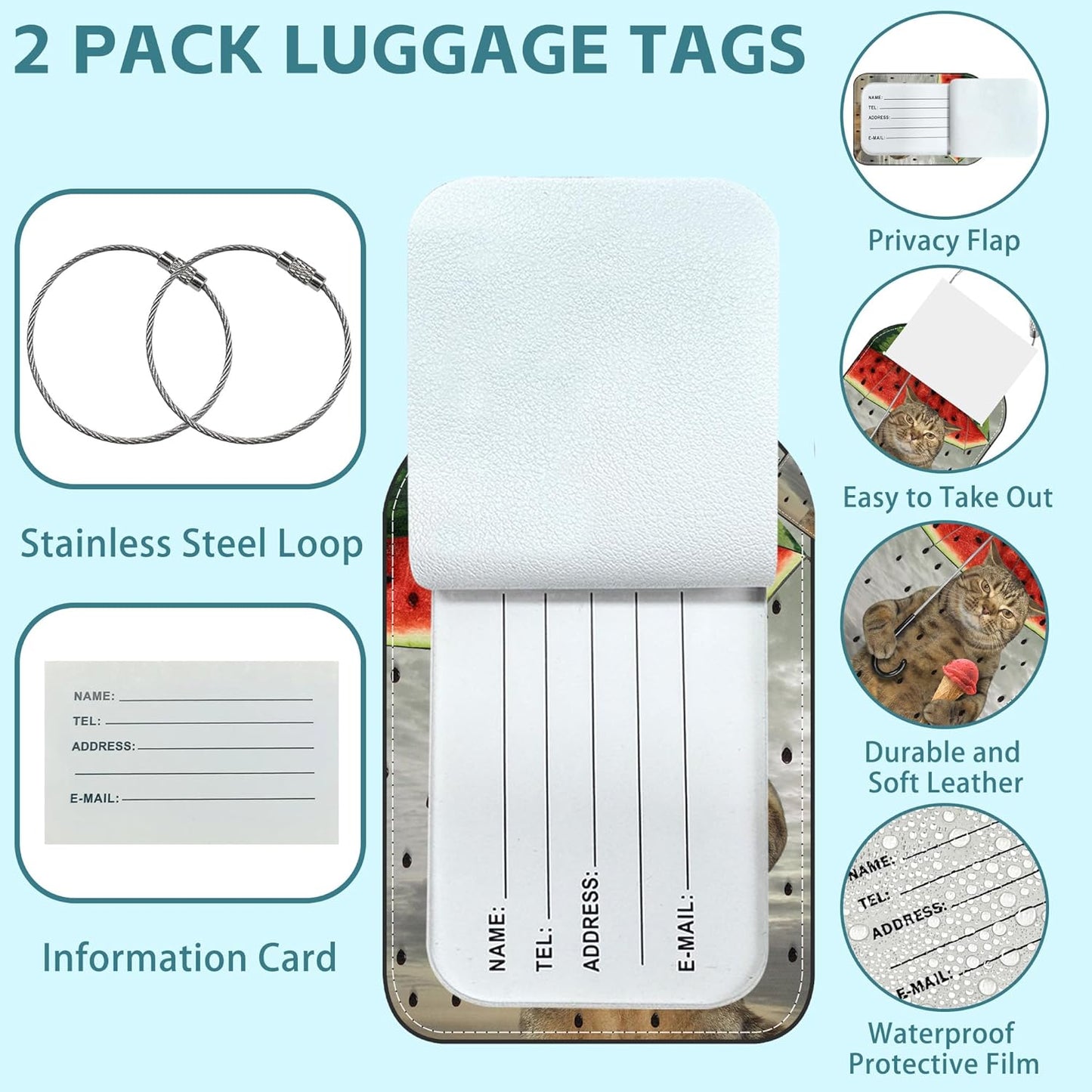 2 Pack Cute Luggage Tag for Suitcases Cute Cat and Umbrella Leather Luggage Tags with Stainless Steel Loop Privacy Flap Name Tags,Men and Women Travel Bag Suitcase Tags