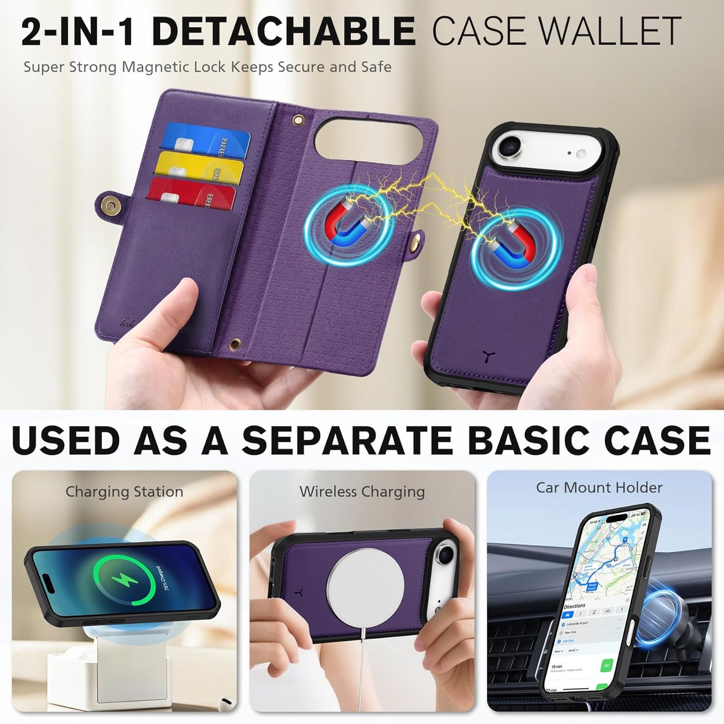 TUCCH Removable Crossbody Wallet Case for iPhone Air 6.5", RFID Blocking 9 Card Holders, Lanyard, Wrist Strap, Wireless Charging, Stand, Zipper Pocket, PU Leather, Magnetic Flip Cover, Deep Purple