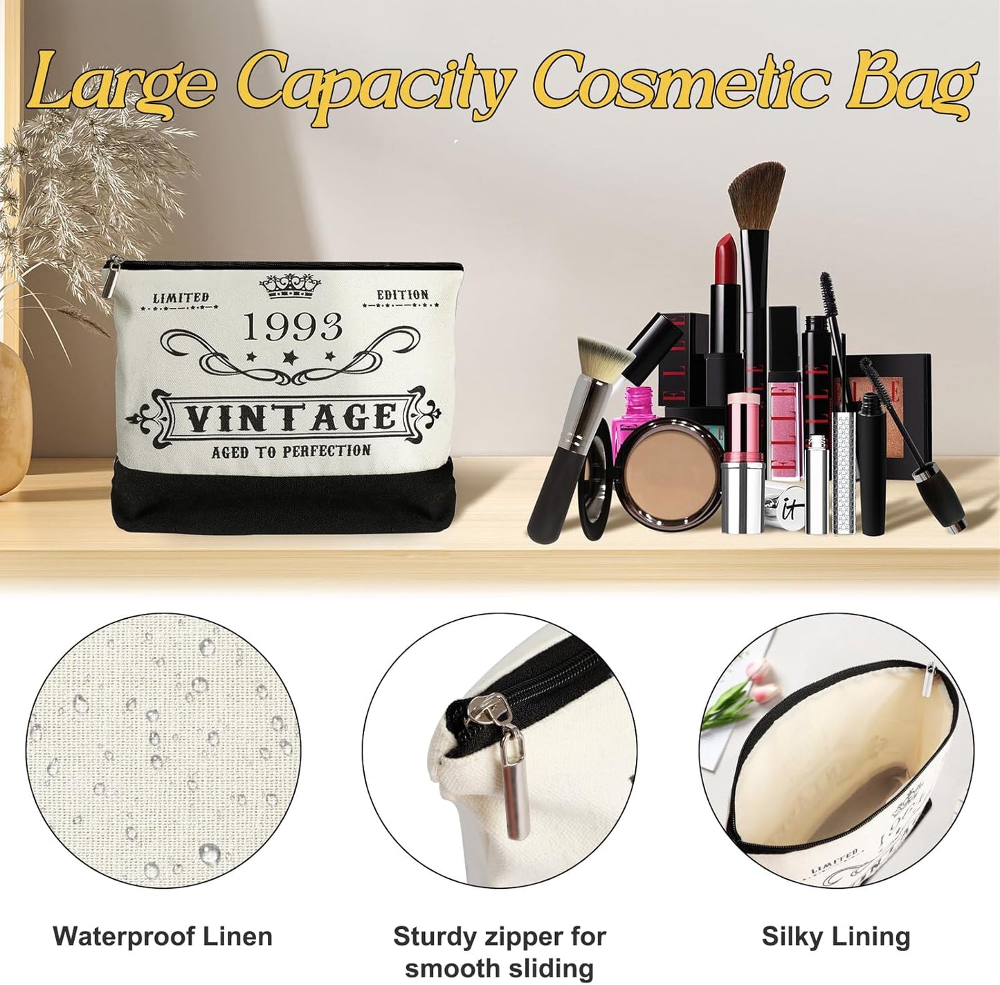 YeohJoy 32nd Birthday Gifts for Her Canvas Tote Bag Travel Gear, Unique 32 Years Old Birthday Gifts for Girlfriend Sister Friends Women, Vintage 1993 Handbag & Cosmetic Bag & Back in 1993 Poster