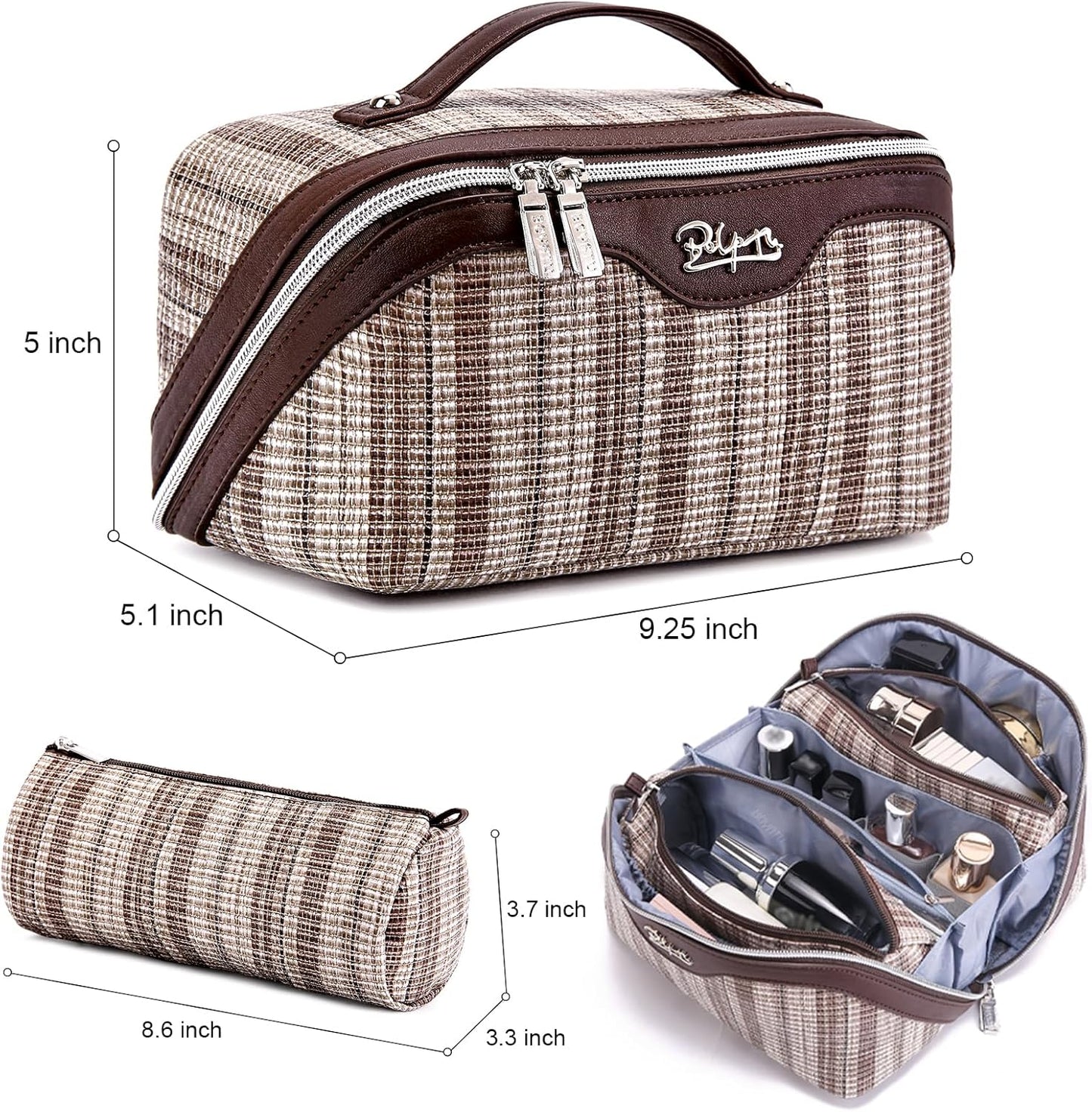 BOYATU Travel Makeup Bag for Women: Large Capacity Open Flat Make up Bag Set of 3 - Vegan Leather Cosmetic Bag with Compartments - Waterproof Toiletry Bag with Handle & Divider(I-5-Brown)