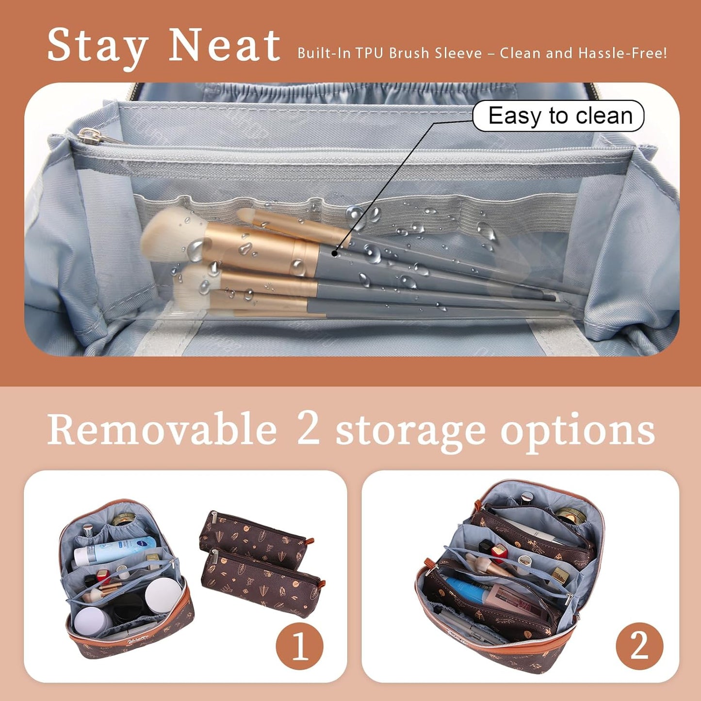 BOYATU Travel Makeup Bag Cosmetic Bags for Women: 3 Pcs Set Portable Make up Bag with Handle - Vegan Leather Toiletry Bags with Compartments - Makeup Organizer for Travel Essentials(L-1-Brown)