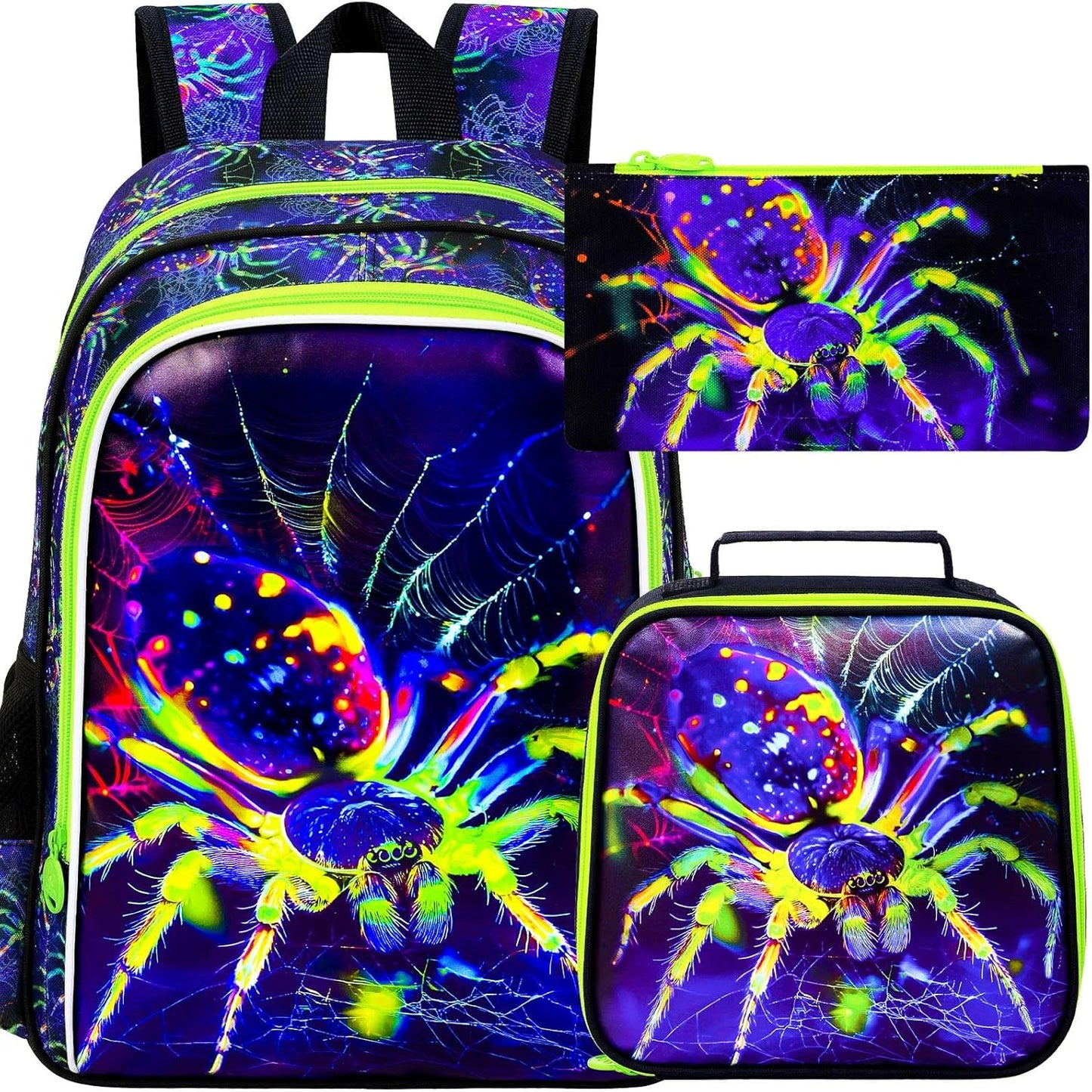 16" Spider Backpack for Boy, 3Pcs Kids Bookbag for Elementary Preschool Kindergarten, School Backpacks with Lunch Box(Green)