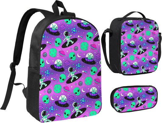 Alien Space Kid Backpack Set with Lunch Bag & Pencil Case Large Capacity School Bag 17 Inch Bookbag for Boy Girl