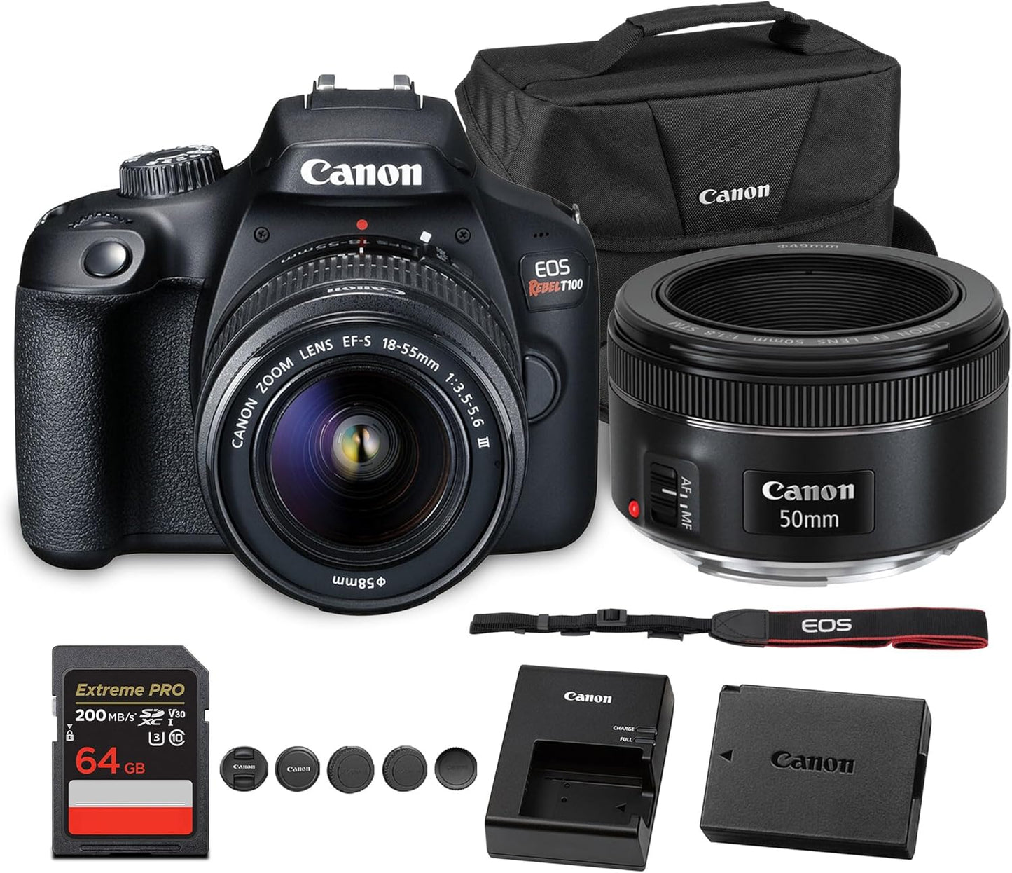 Canon EOS Rebel T100 DSLR Camera with 18-55mm Lens | 18MP APS-C Sensor, Built-in Wi-Fi & Full HD Video | for Beginners, Travel & Everyday Shooting (2628C029) + EF 50mm f/1.8 STM Lens + Bag + More