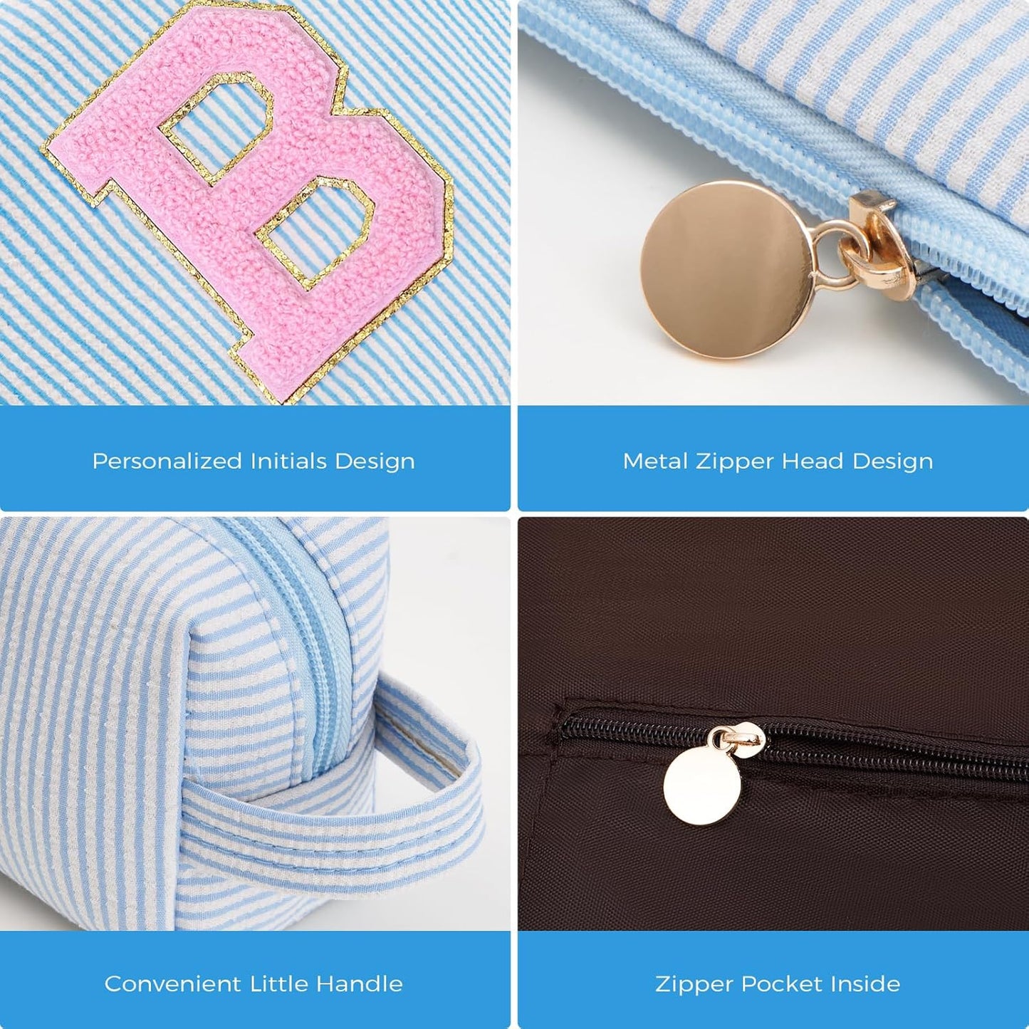 Bridesmaid Gifts Wedding Day - Bridal Shower Gifts,Maid of Honor Gifts,Initials Makeup Bag Set Cosmetic Bag - Blue,B