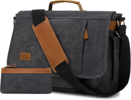 17.3 Inch Messenger Bag for Men: 2PCS Laptop Bag PU Leather Canvas Work Briefcase Large Office