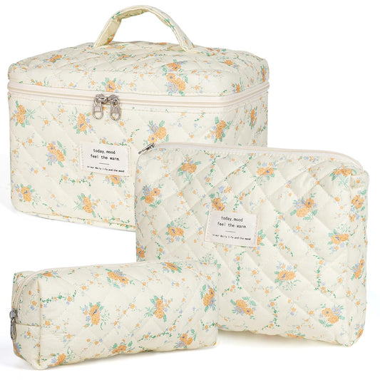Makeup Bag,Quilted Cosmetic Bags,Large Floral Make Up Organize bag,Makeup Bag Set for Women,Flower Travel Toiletry Bag