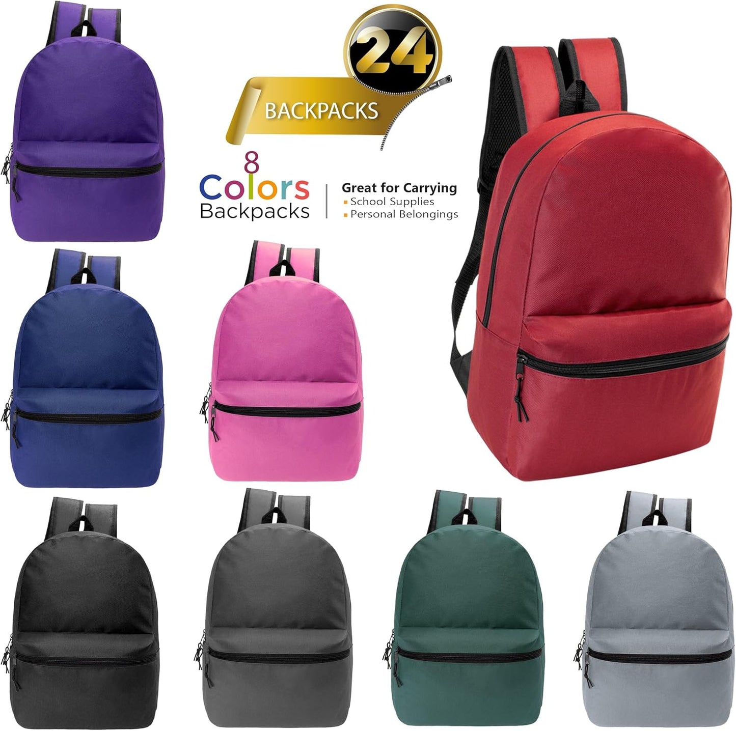 17" School Backpacks for Kids - Backpacks in Bulk for Elementary, Middle, and High School Students in Assorted Colors