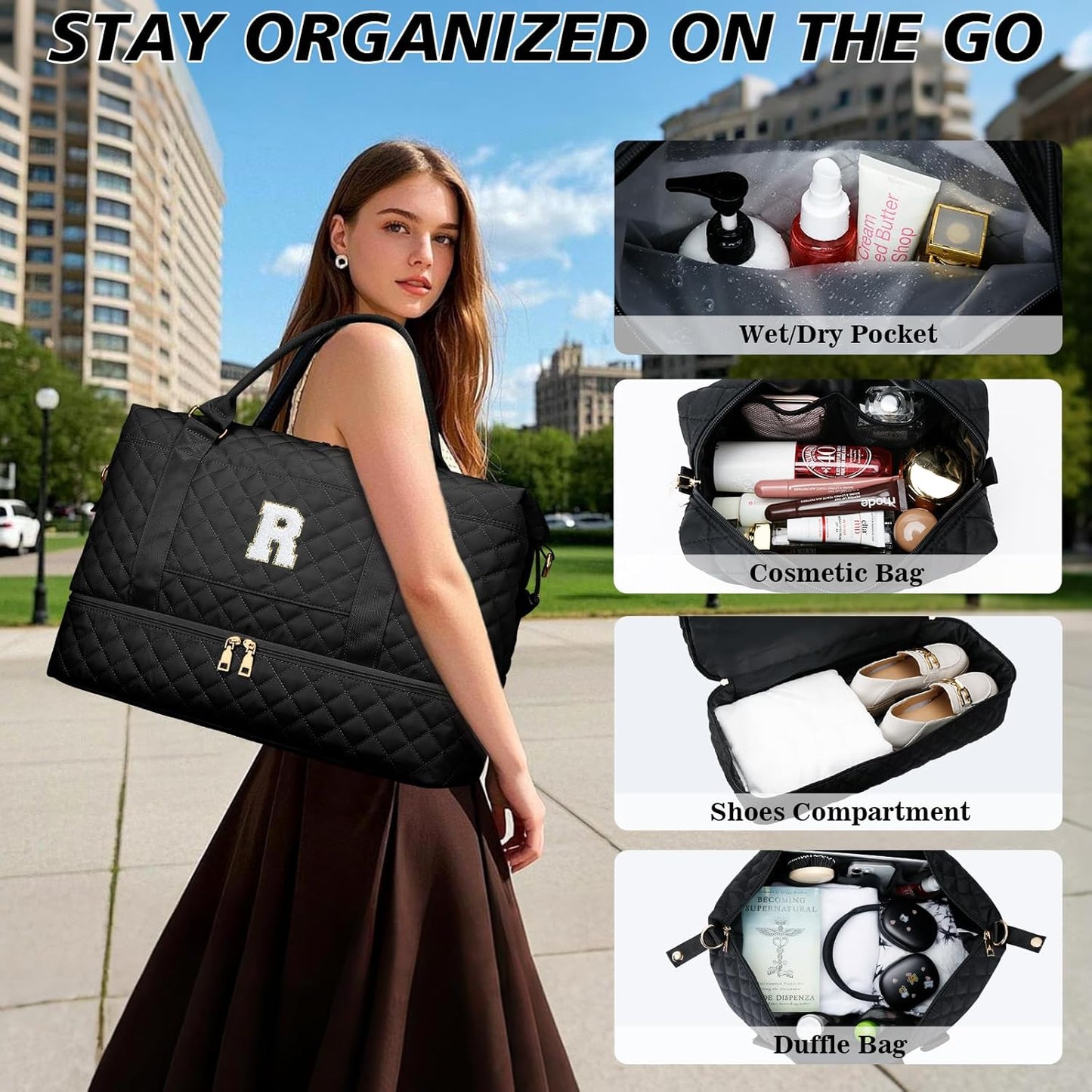 Gifts for Friend Women Girls Birthday Christmas Initial Travel Duffle Bag Quilted Weekender Bags Carry-On Overnight with Cosmetic Bag, Gym Bag with Shoe Compartment, Black R