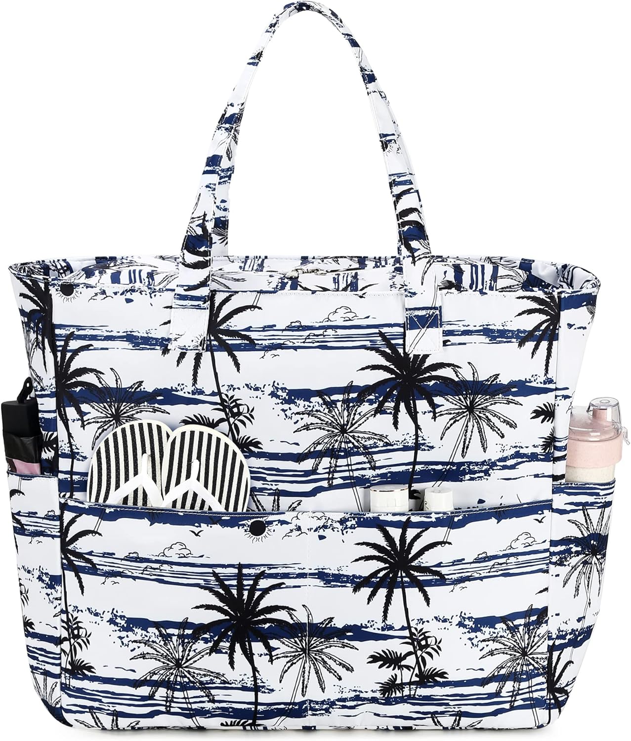 LEDAOU Large Beach Tote Bag Women Waterproof Sandproof Zipper Beach Tote Bag for Pool Gym Grocery Travel with Wet Pocket