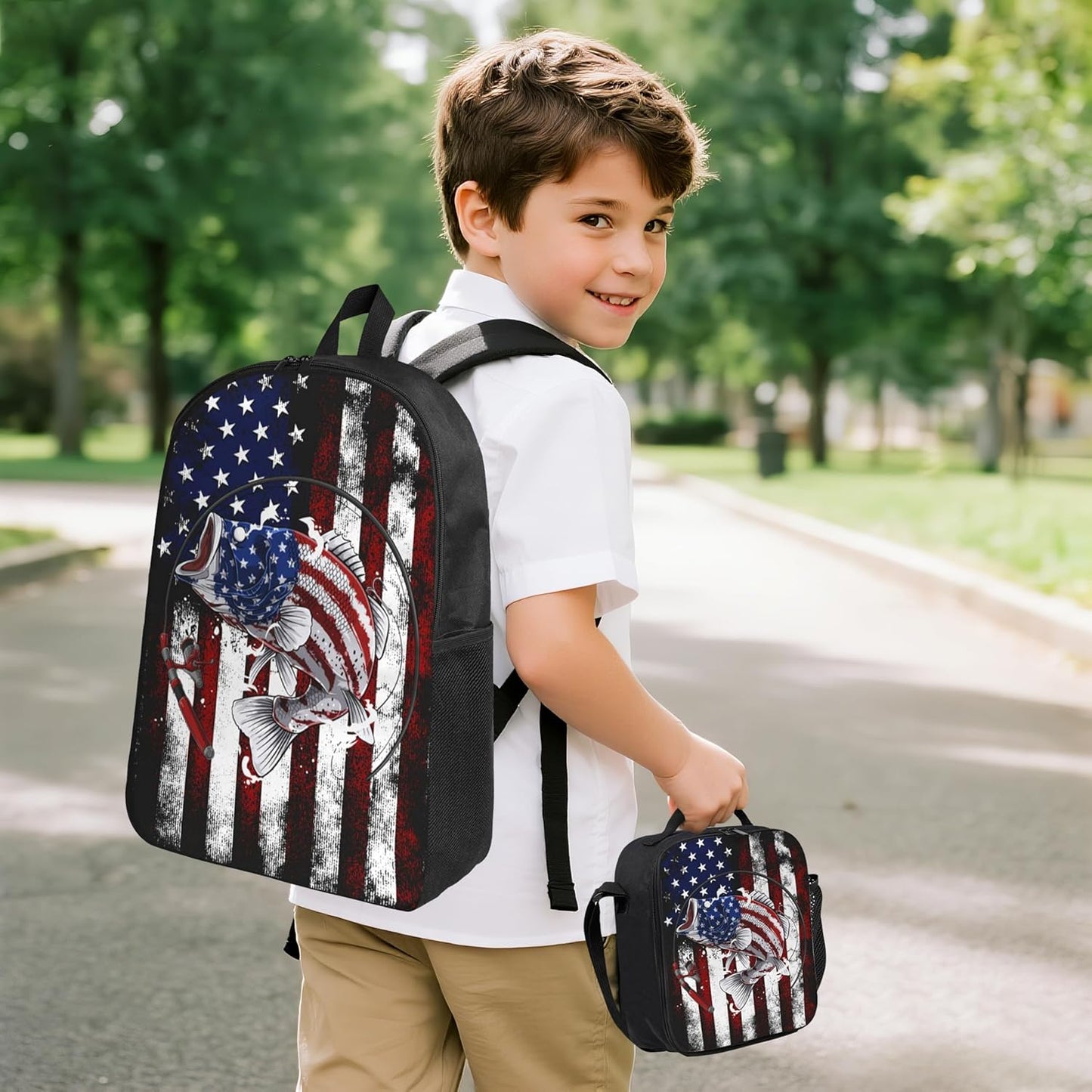 USA Fish Kid Backpack Set with Lunch Bag & Pencil Case Large Capacity School Bag 17 Inch Bookbag for Boy Girl