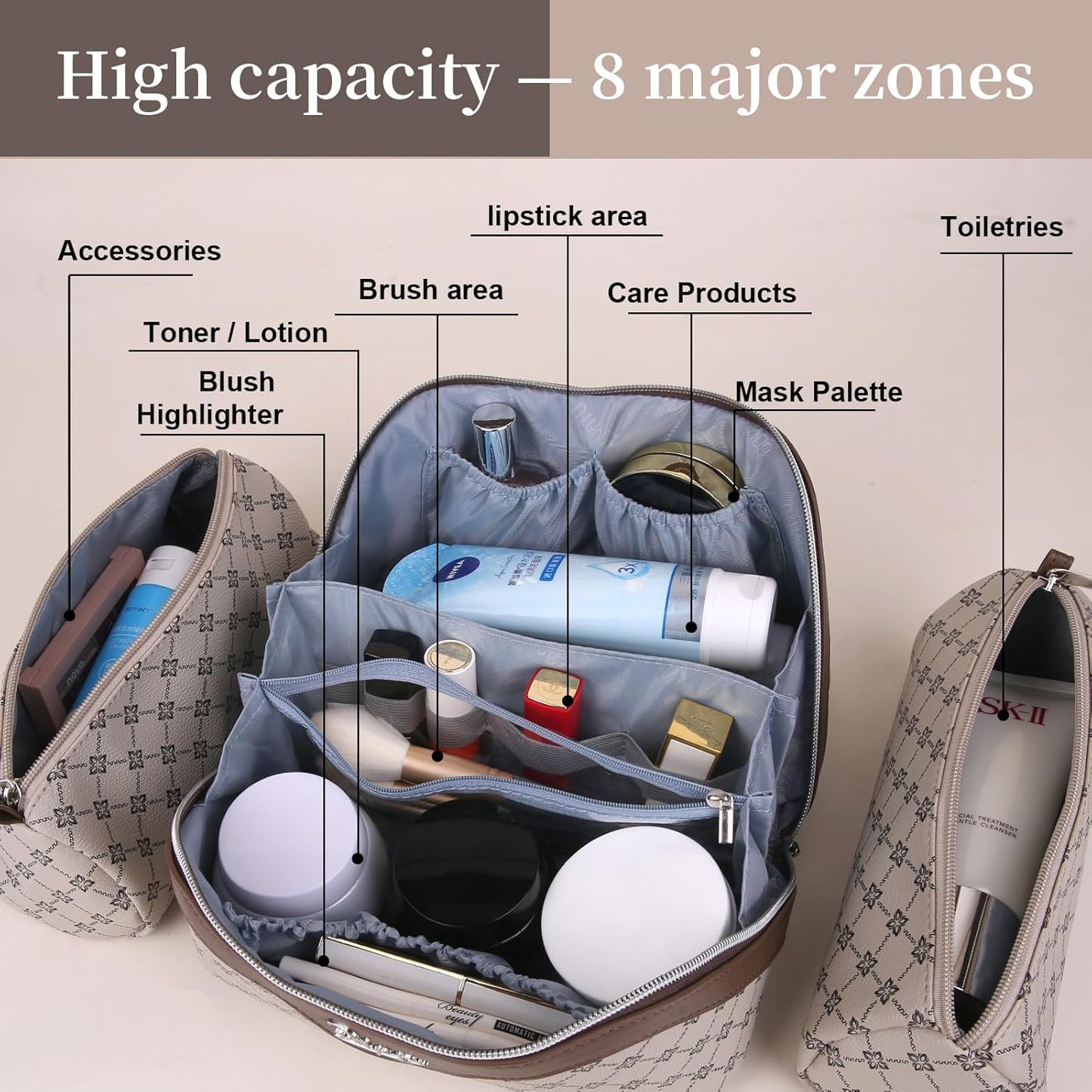 BOYATU Travel Makeup Bag Cosmetic Bags for Women: 3 Pcs Set Large Portable Make up Bag with Handle - Vegan Leather Toiletry Bags with Compartments - Makeup Organizer for Travel Essentials(A-3-Khaki)