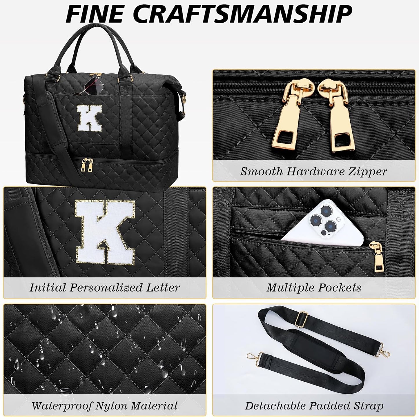 Gifts for Women Girls Initial Travel Duffle Bag Quilted Weekender Carry-On Overnight with Cosmetic Bag, Gym Bag with Shoe Compartment, Black K