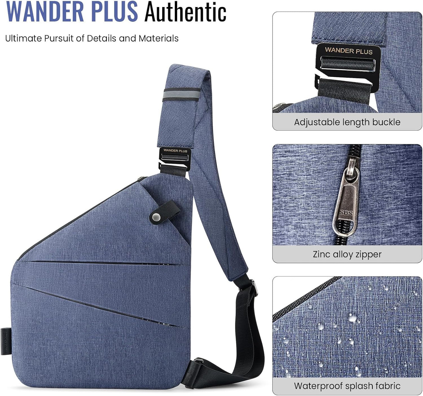 WANDER PLUS® Anti Theft Crossbody Travel Bag for Women Men, Multi-Pocket Crossbody Bag, Slim Sling Bag with Adjustable Strap