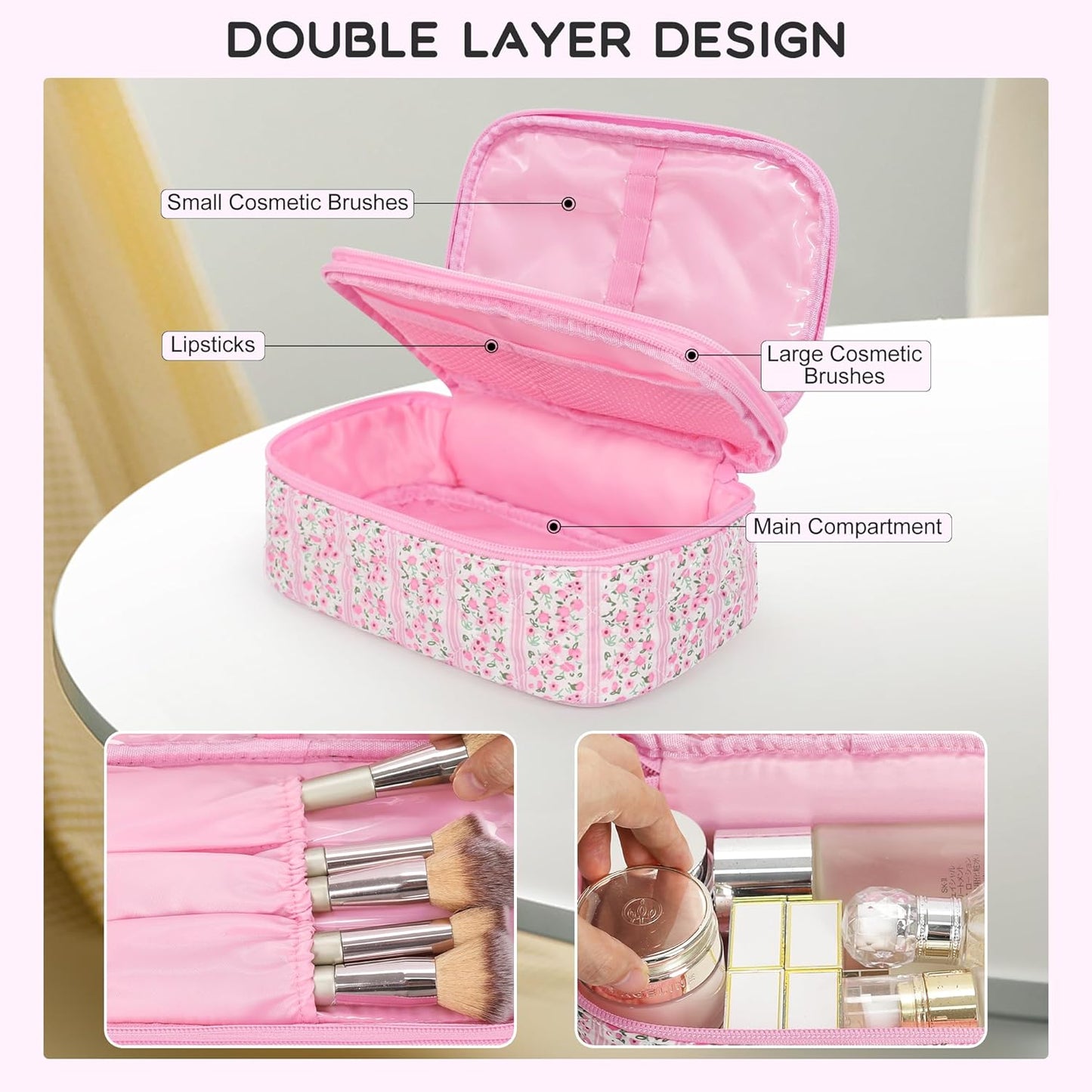 Relavel Cute Makeup Bag for Girls, Portable Pink Cosmetic Bag, Dual-layer Makeup Pouch with Brush Holder, Multi-Functional Preppy Toiletry Organizer for Travel, Daily Use - Pink Flower