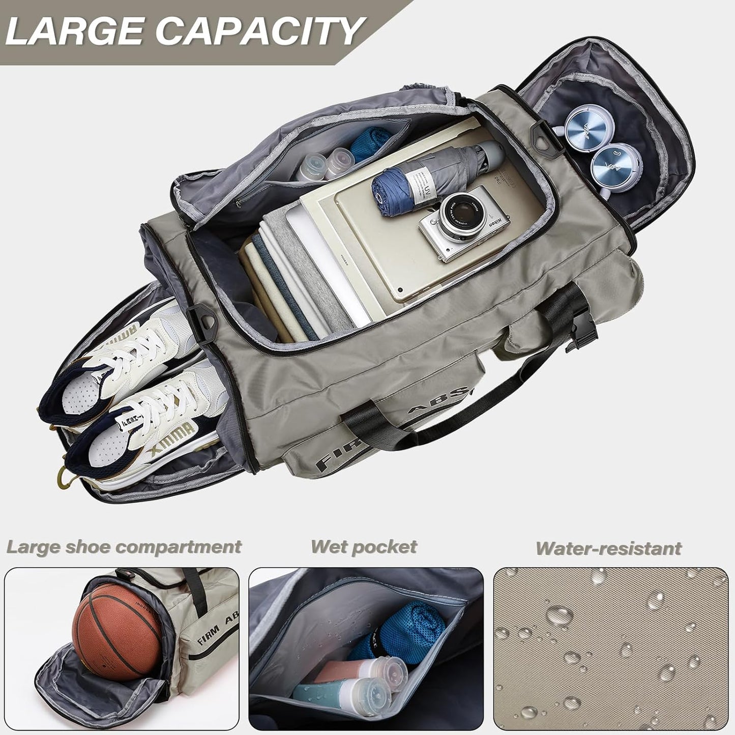 Gym Bag for Men & Women, 65L Large Capacity Travel Duffle Bag 3 in 1 Convertible Backpack with Shoes Compartment and Dry and Wet Separation