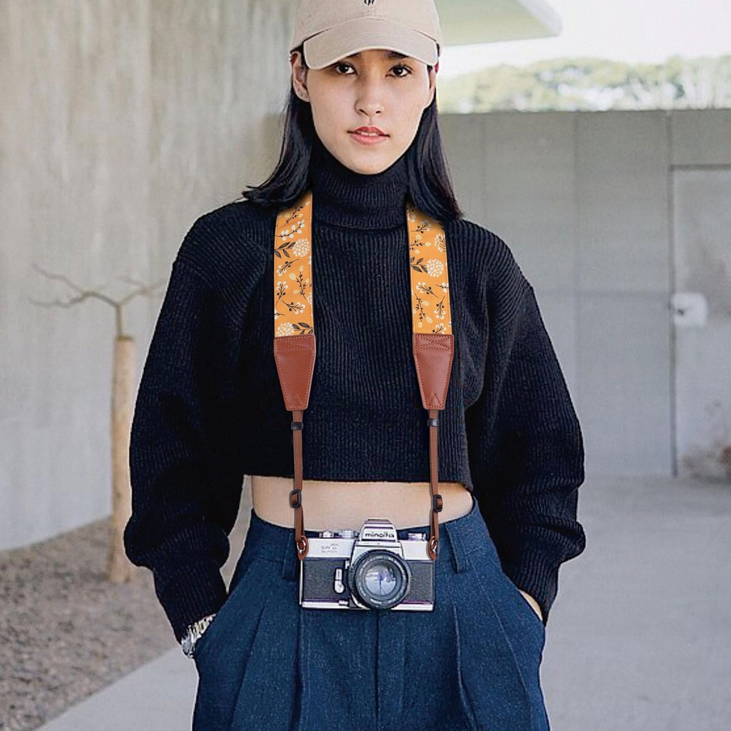 Padwa Lifestyle Camera Strap - 2" Full Grain Leather Ends Camera Straps for Photographers, Vintage Embroidered Cotton Weave Soft Suede Fabric Padded Strap Quick Release fits All Cameras