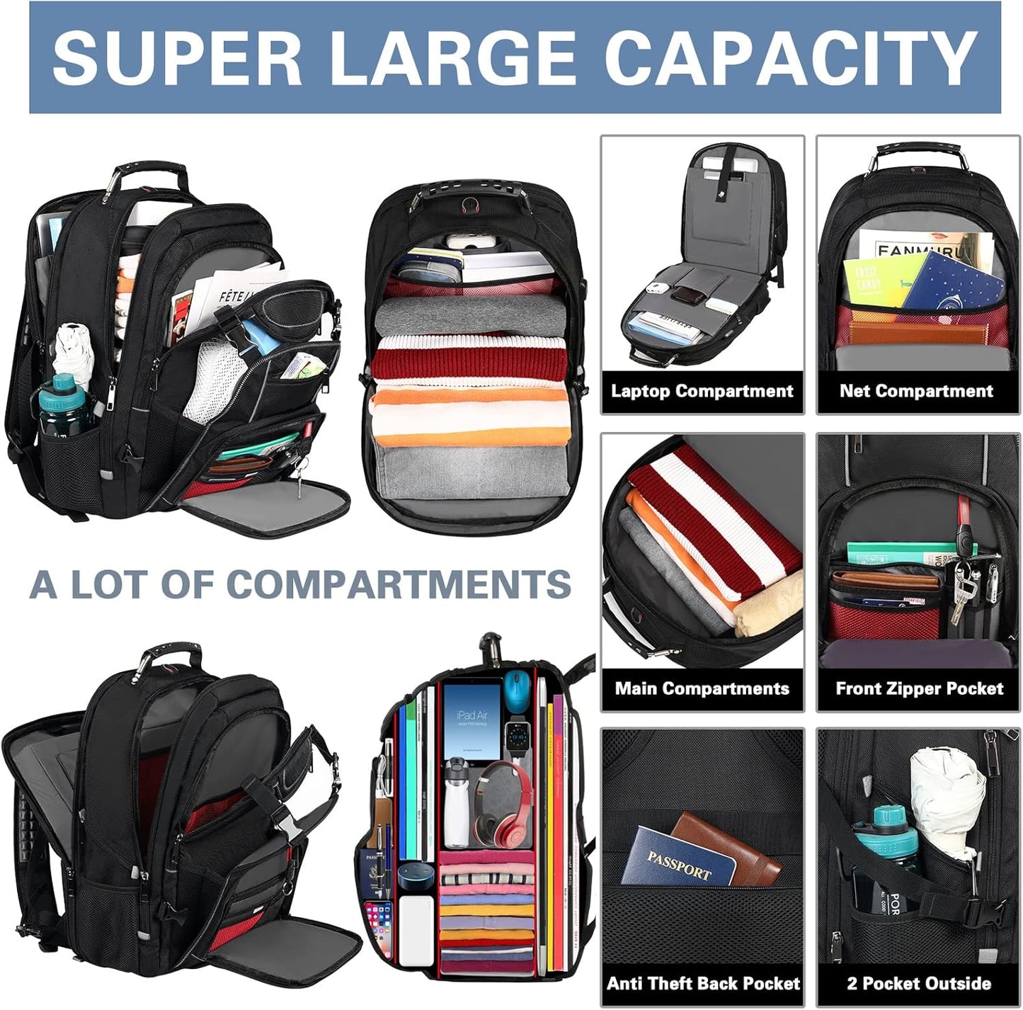 18.4 Laptop Backpack for Men, 60L Extra Large Gaming Laptops Backpack with USB Charger Port,TSA Friendly Flight Approved RFID Anti-Theft Pocket Heavy Duty Computer Bag Backbag,21.2*15.5*11.5 inch Grey