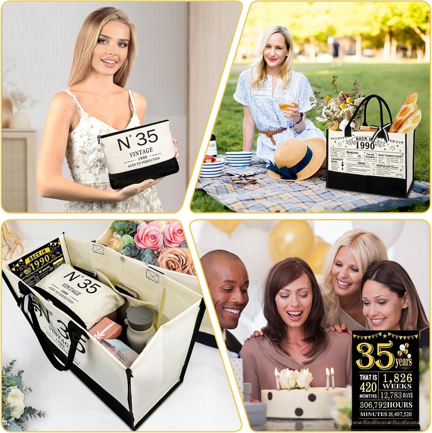 35th Birthday Gifts for Women Canvas Tote Bag Travel Gear,Unique 35 Years Old Gifts for Wife Mom Sister Aunt Friends Her, Vintage N°35 Handbag & Cosmetic Bag & Back in 1990 Poster