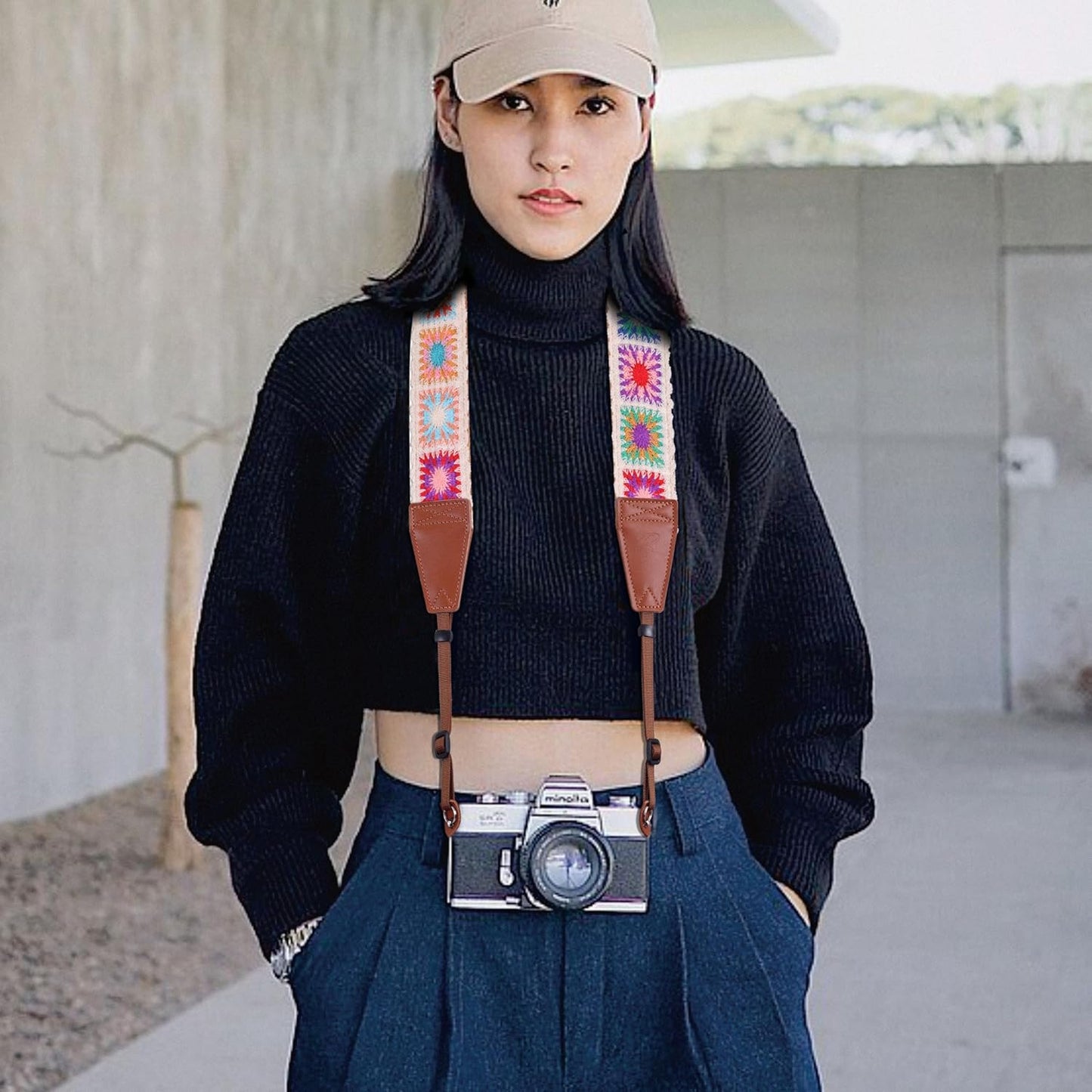 Padwa Lifestyle White Crochet Camera Strap - 2" Full Grain Leather Ends Camera Straps for Photographers, Vintage Embroidered Cotton Soft Suede Fabric Padded Strap with Quick Release fits All Cameras