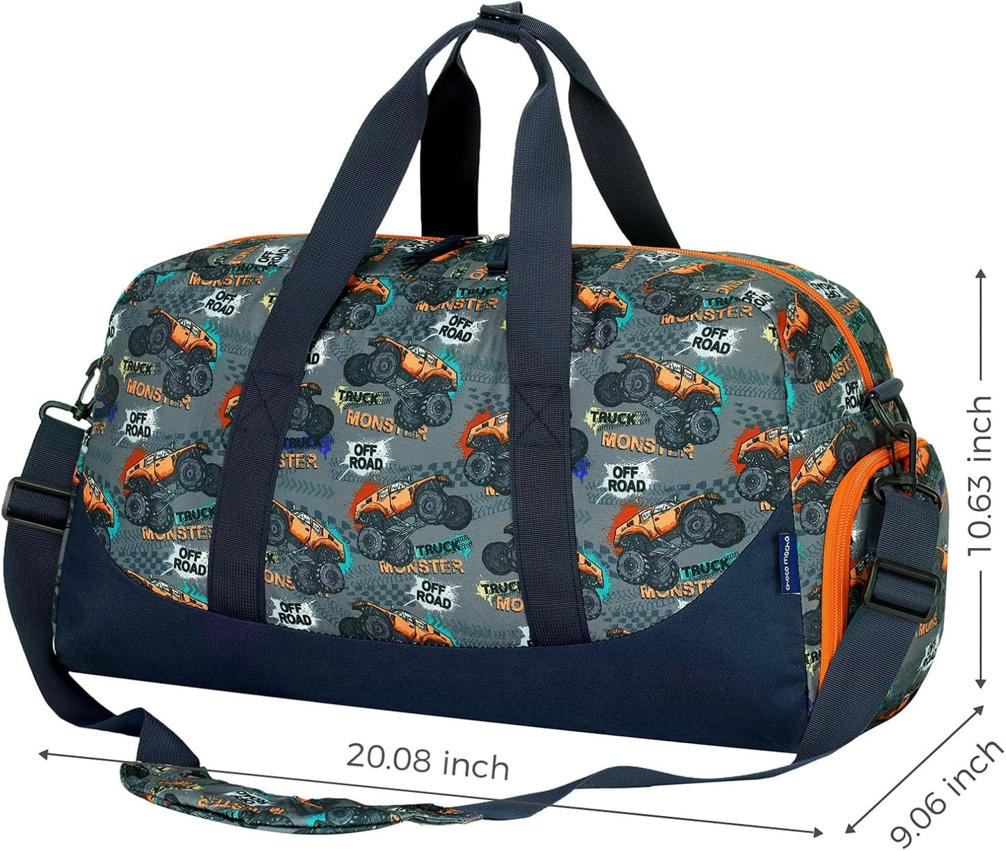 Choco Mocha Kids Duffle Bag Boys - Monster Truck Weekender Overnight Bags for Boy, Orange
