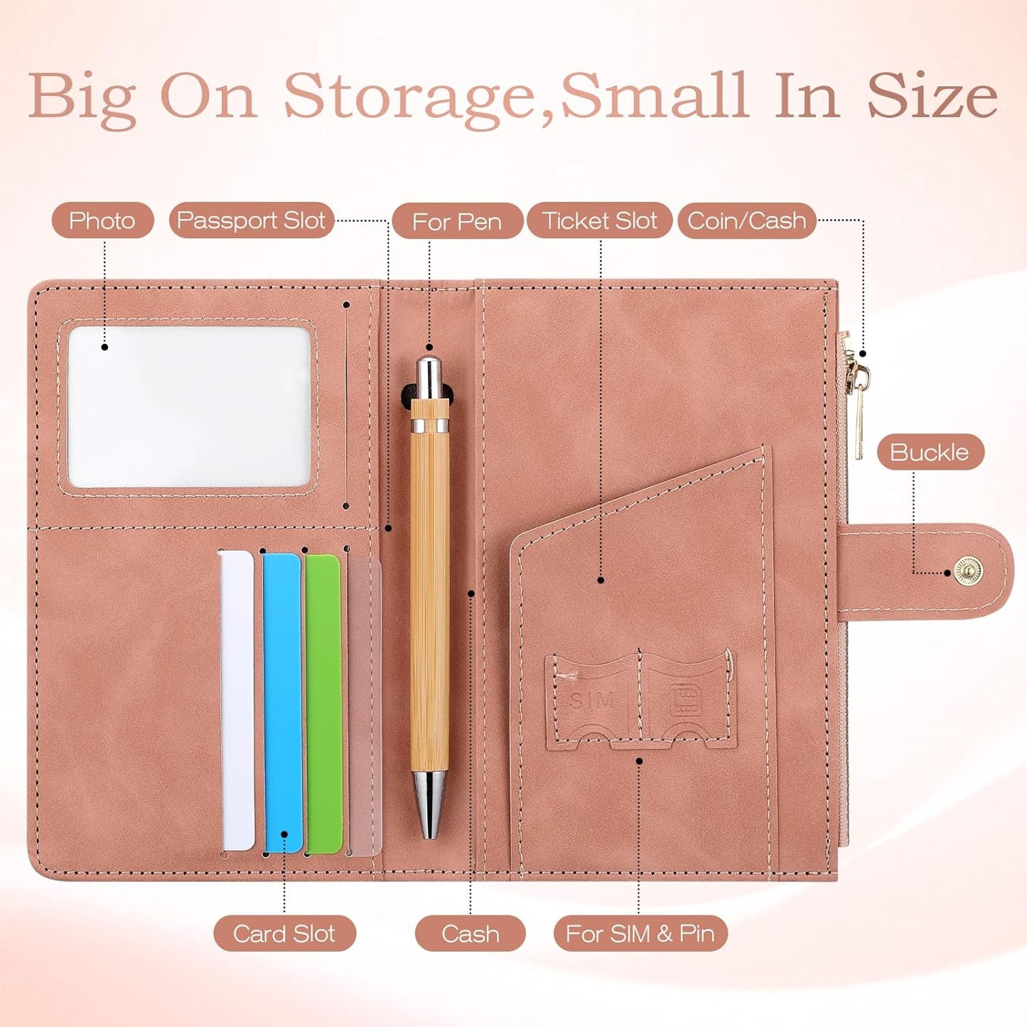 Leather Passport Holder for Travel, RFID Passport Wallet with Zipper Pocket, Passport Covers with Pen Holder, Travel Wallets Essentials Aesthetic Cute Passport Sleeve for Women Men(Pink)