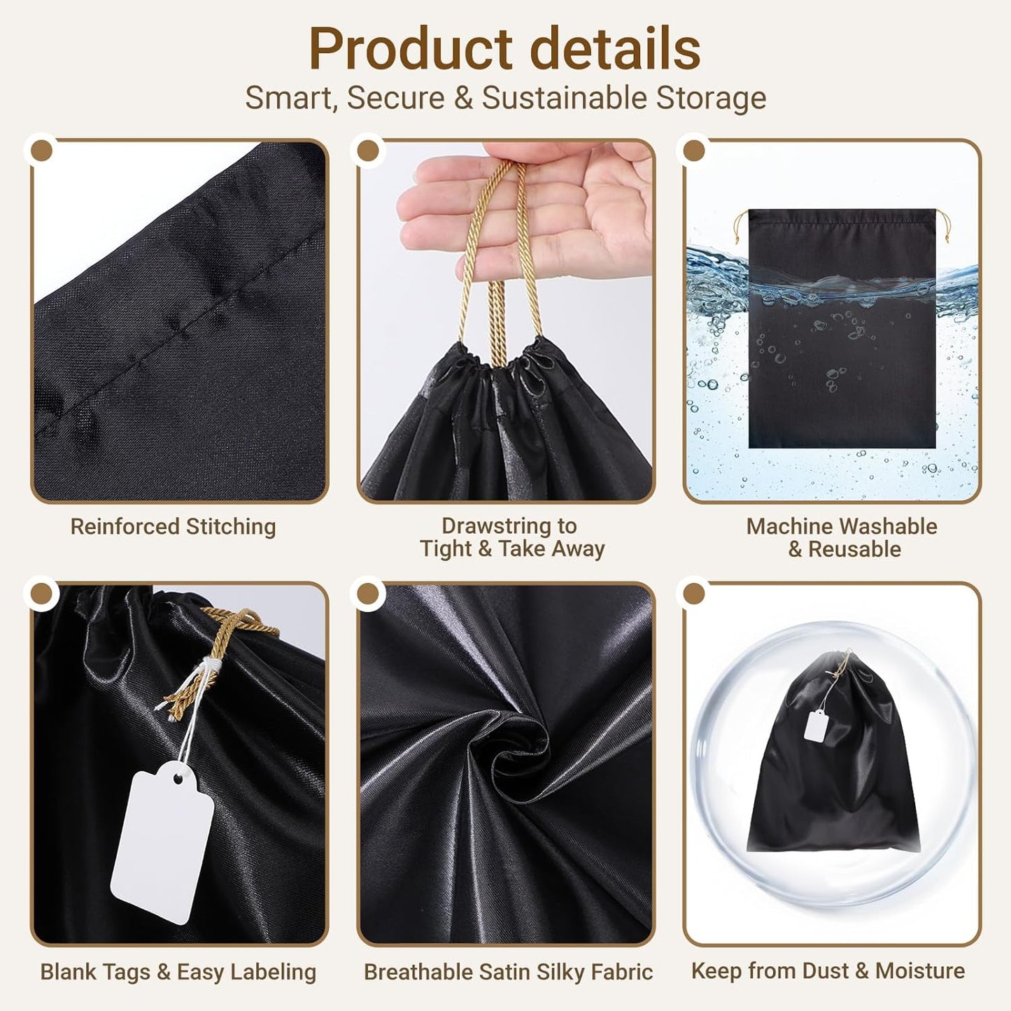 Ewen 11.8x15.7in Black Dust Bags for Shoes, 7 Pack of Dustproof Silk Bags with Drawstring for Storage, Vintage Pouches Covers for Travel, Satin Purse Storage Bags, Clothes Storage Bag for Home