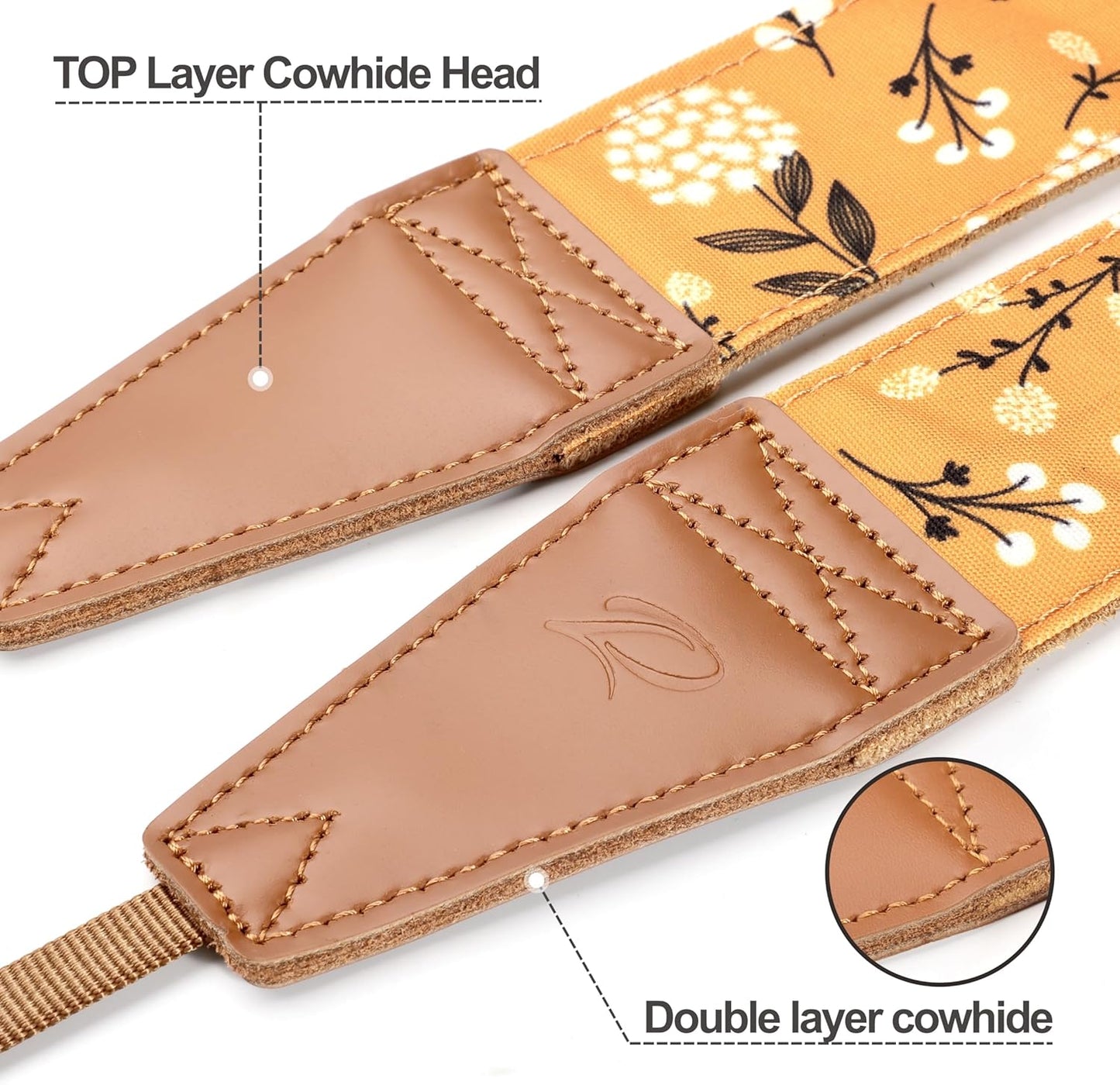 Padwa Lifestyle Camera Strap - 2" Full Grain Leather Ends Camera Straps for Photographers, Vintage Embroidered Cotton Weave Soft Suede Fabric Padded Strap Quick Release fits All Cameras