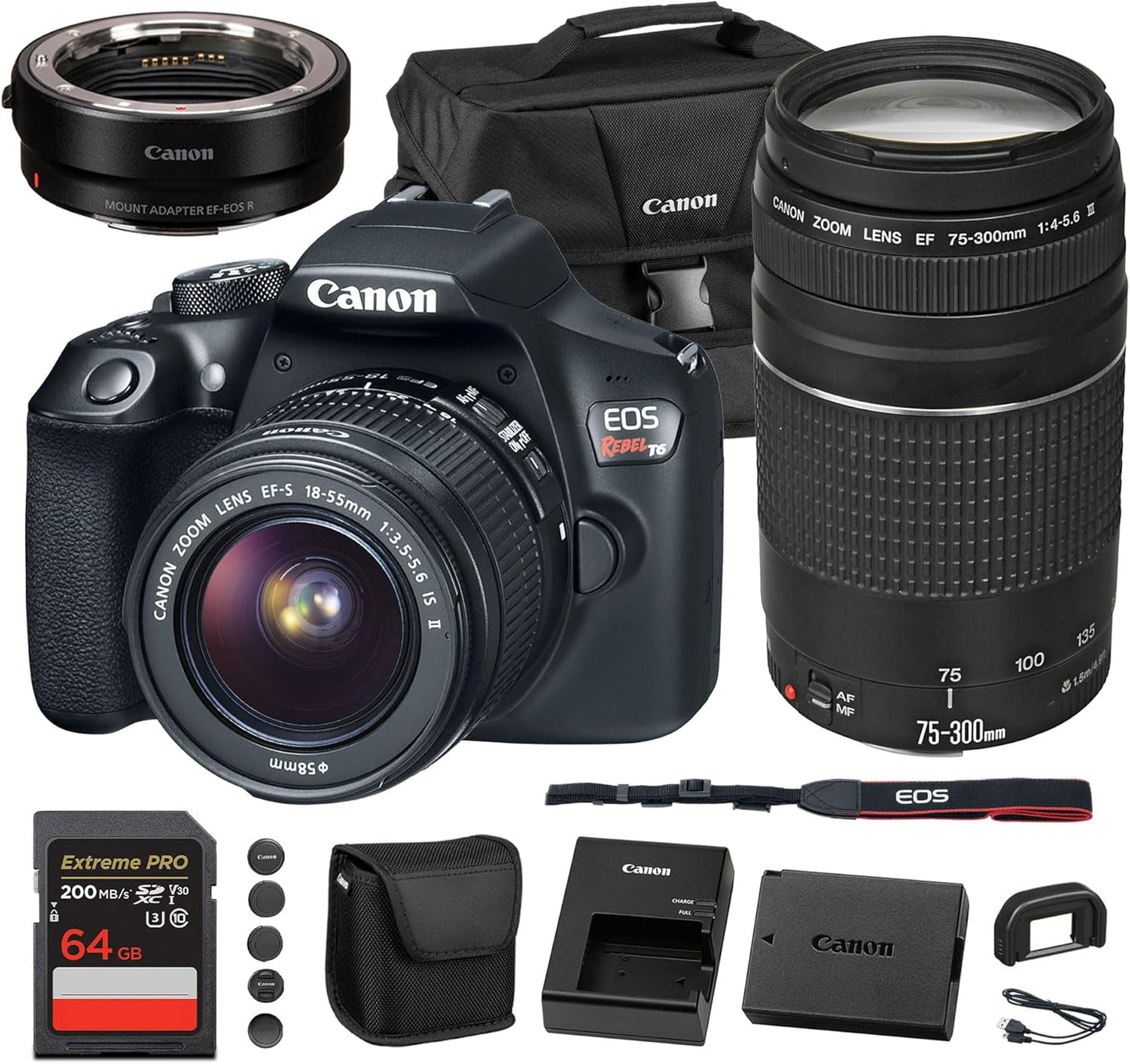 Canon EOS Rebel T6 DSLR Camera with 18-55mm Lens | 18MP APS-C CMOS Sensor, Built-in Wi-Fi & Full HD Video | for Travel & Everyday Photos + Canon EF 75-300mm f/4-5.6 III Lens + Adapter EF-EOS R + More