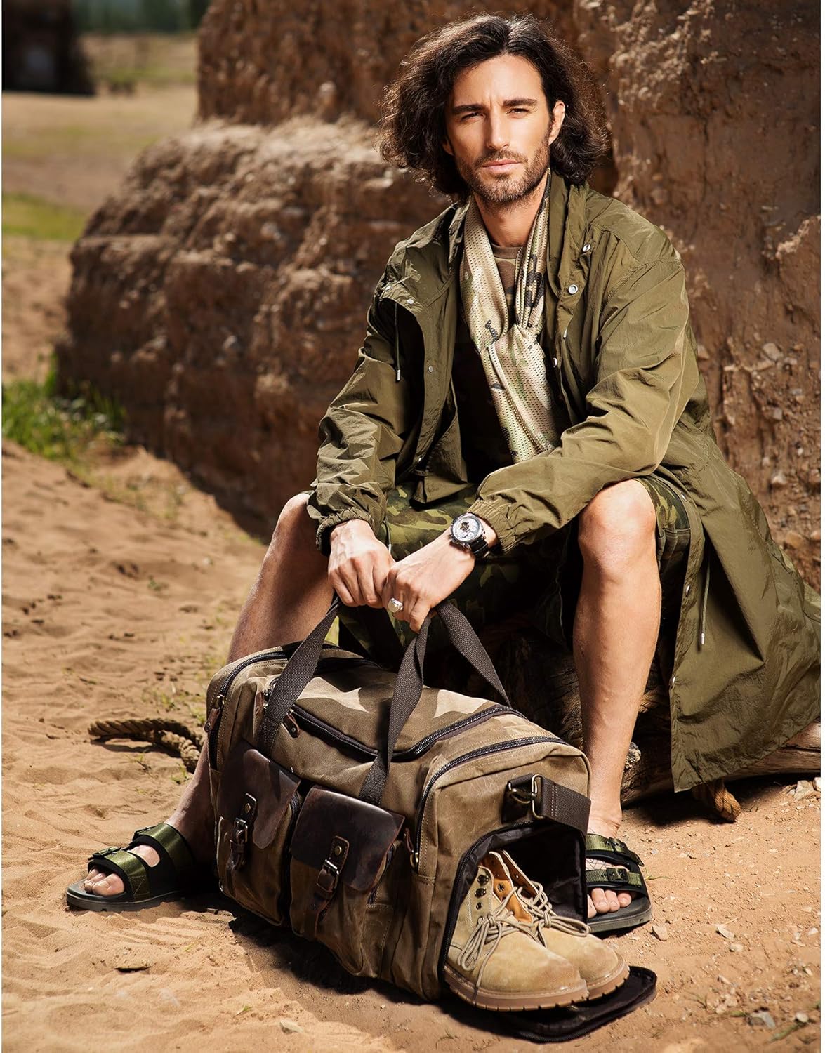 Men's Waxed Canvas Vintage Overnight Duffel Weekend Bag with Shoes Compartment (Khaki)