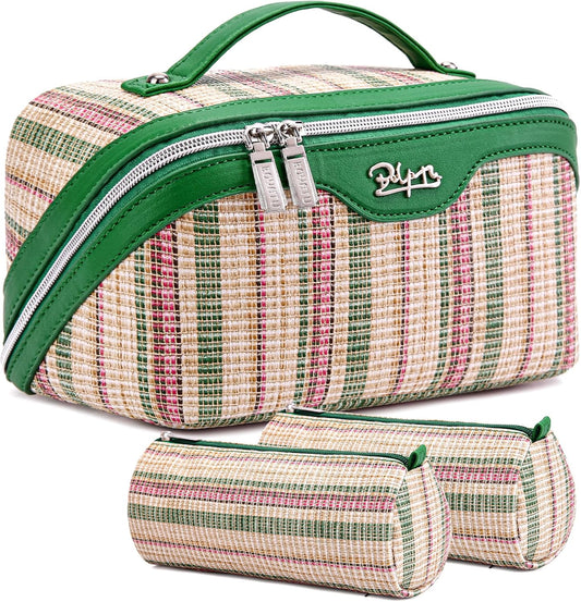 BOYATU Travel Makeup Bag for Women: Large Capacity Open Flat Make up Bag Set of 3 - Vegan Leather Cosmetic Bag with Compartments - Waterproof Toiletry Bag with Handle & Divider(I-3-Green)