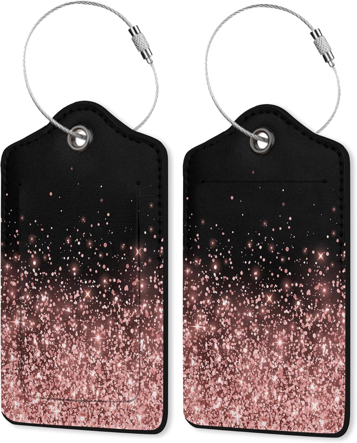 Leather Luggage Tags for Adults Teens,2 Pack Rose Gold Glitter Travel Bag Suitcase Labels with Stainless Steel Loop ID Tags Card Baggage Bag Label