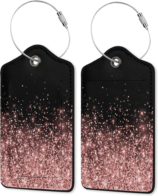 Leather Luggage Tags for Adults Teens,2 Pack Rose Gold Glitter Travel Bag Suitcase Labels with Stainless Steel Loop ID Tags Card Baggage Bag Label